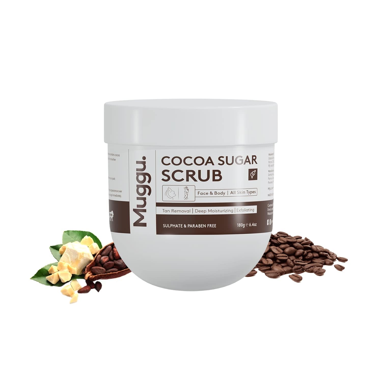 Organic Cocoa Sugar Body Scrub with Coffee & Cocoa Butter | Exfoliating & Moisturizing Skin Care for Men & Women | De-Tan & Brightening Treatment | Perfect for Dry Skin & Pre-Shave Prep - 180g