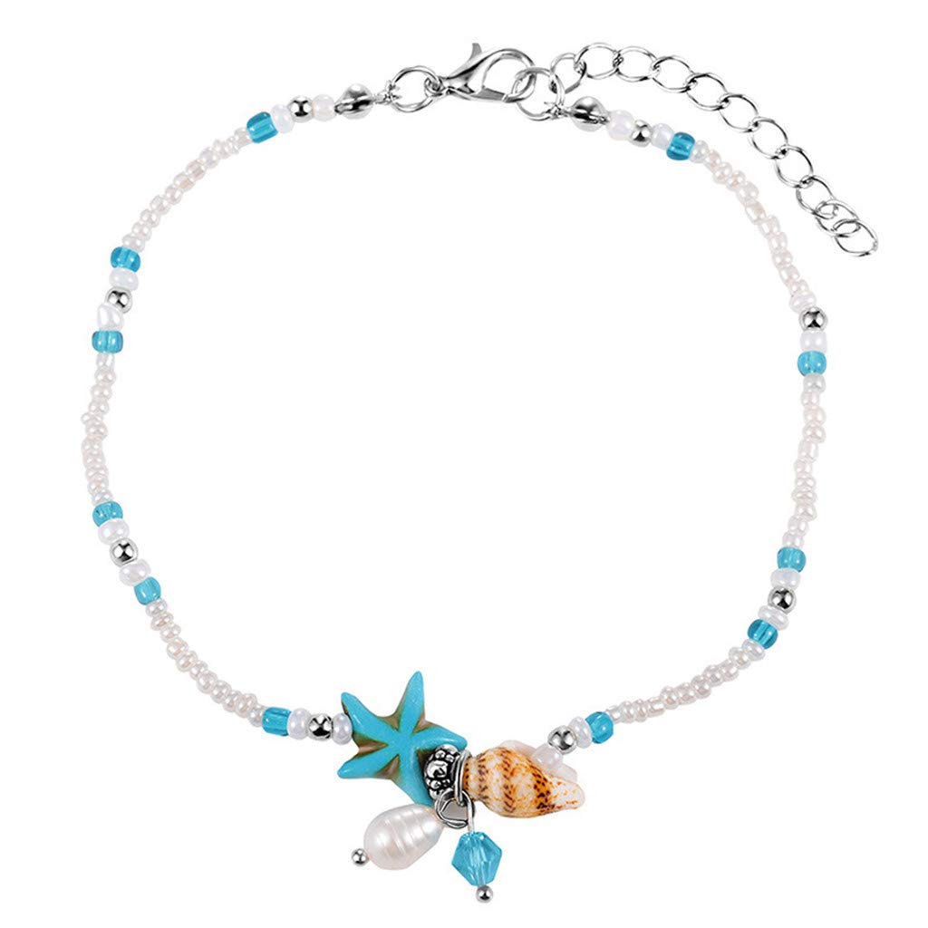 Women's Summer Anklet Bracelet - Elegant Star & Pearl Shell Ankle Jewelry for Teens & Ladies (Silver, One Size) | Perfect Beach Accessory, Boho Gift Idea for Her
