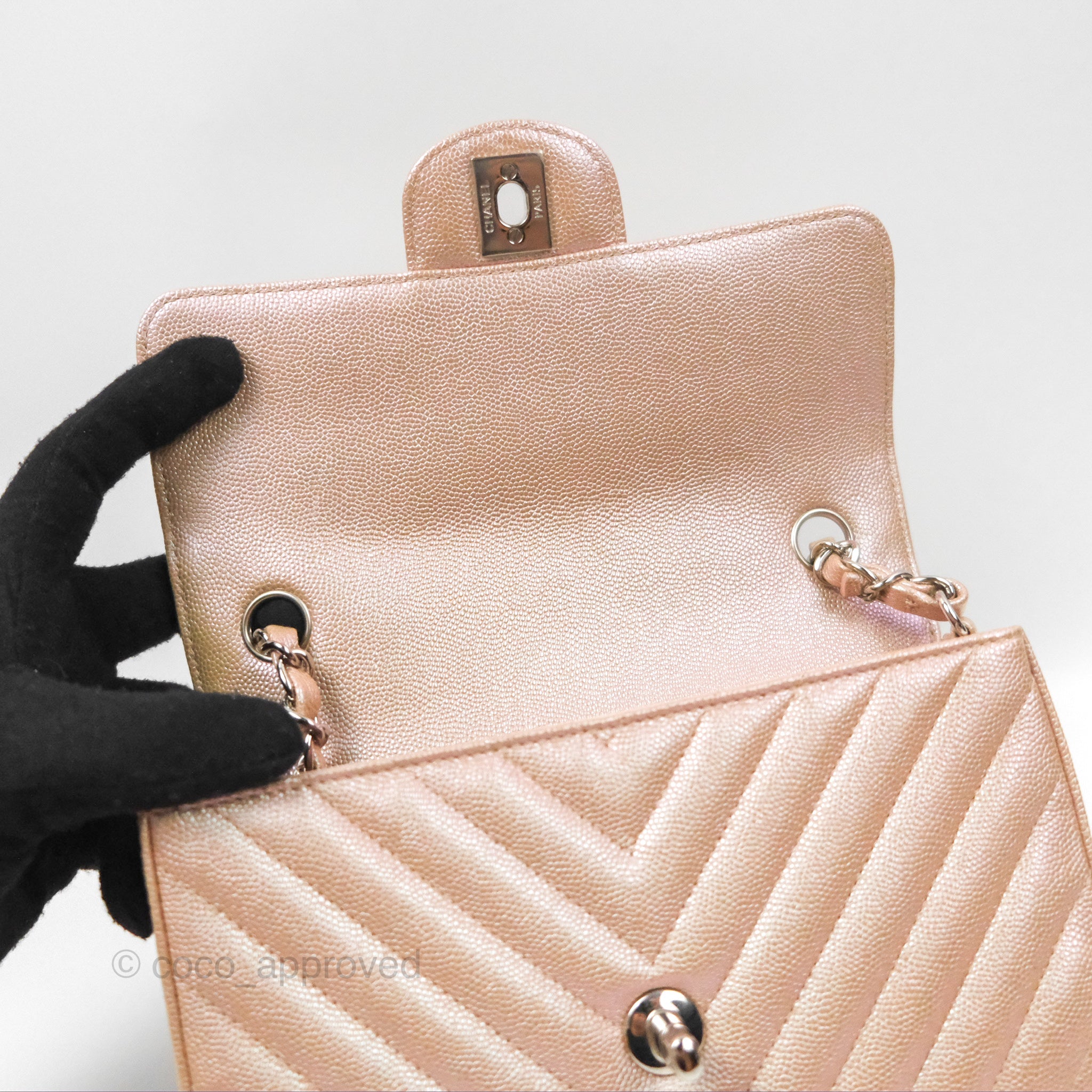 Chanel Chevron Mini Rectangular Flap Bag in Iridescent Rose Gold Caviar Leather with Ruthenium Hardware - Perfect for Evening Events & Luxury Fashion Accessories