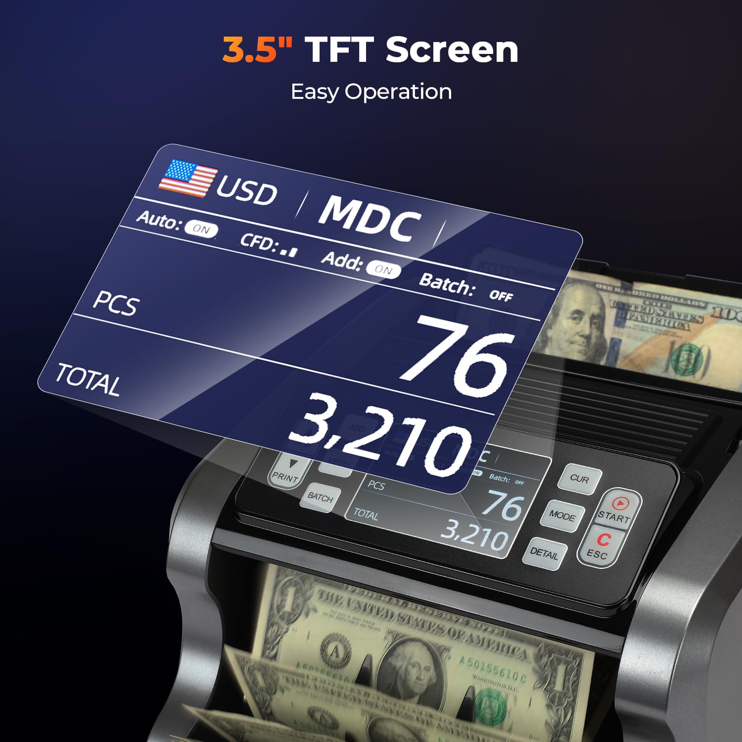 MUNBYN IMC09 Mixed Denomination Money Counter Machine with UV/MG/IR/MT Detection - Value Counting & Printing for USD, EUR, MXN - 3.5