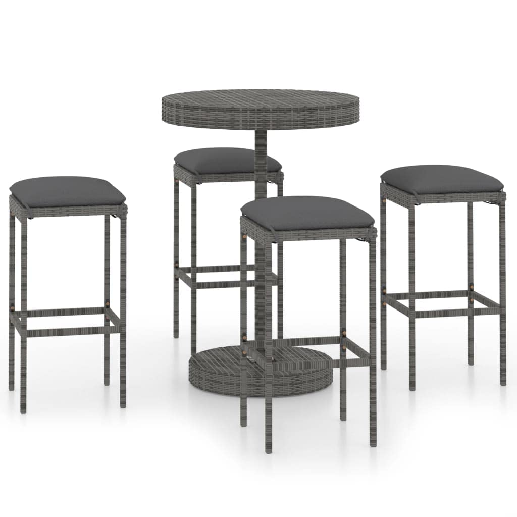 5-Piece Gray Poly Rattan Patio Bar Set with Cushions - Outdoor Bistro Dining Table, Chairs & Stool for Garden, Pub or Backyard - Perfect for Entertaining, Relaxing & Al Fresco Dining