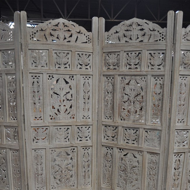 Hand Carved Indian Room Divider Screen - White Traditional Partition for Living Room, Bedroom & Office Privacy | Dynasty Home Decor