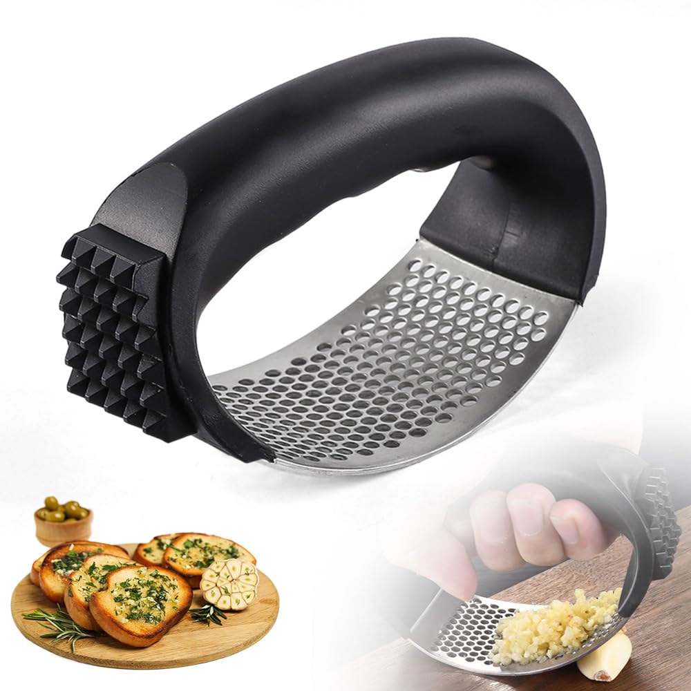 Premium Stainless Steel Garlic Press Rocker & Mincer - Heavy Duty Garlic Crusher, Chopper & Masher with Peeling Drum - Best Kitchen Gadget for Cooking, Baking & Meal Prep (Black)