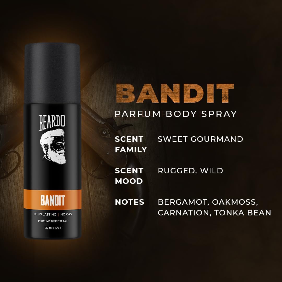Beardo Perfume Body Spray for Men - BANDIT, 120ml | Long Lasting Alcohol-Free Deodorant with Bergamot, Oakmoss & Tonka Bean Fragrance | Gift for Him, Christmas, Birthday & Special Occasions | Perfect for Work, Gym & Everyday Use