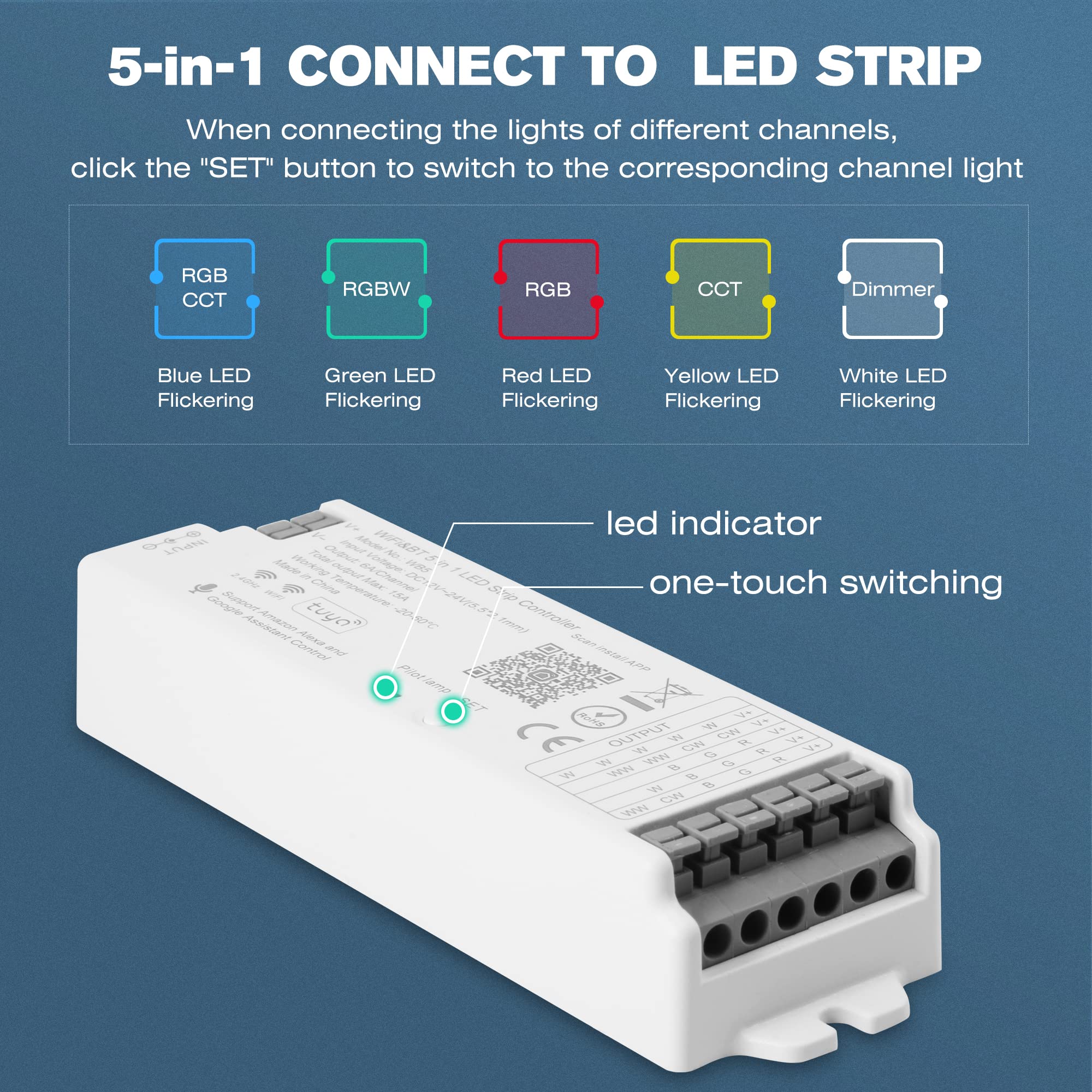 HUSUKU S1 5-in-1 WB5 2.4GHz Tuya WiFi PWM LED Controller - Smart Dimming CCT RGB RGBW RGBCCT Strip Light Control, Works with Alexa/Google Assistant/Siri, RF Remote Included - Perfect for Home Theater, Bedroom & Party Lighting