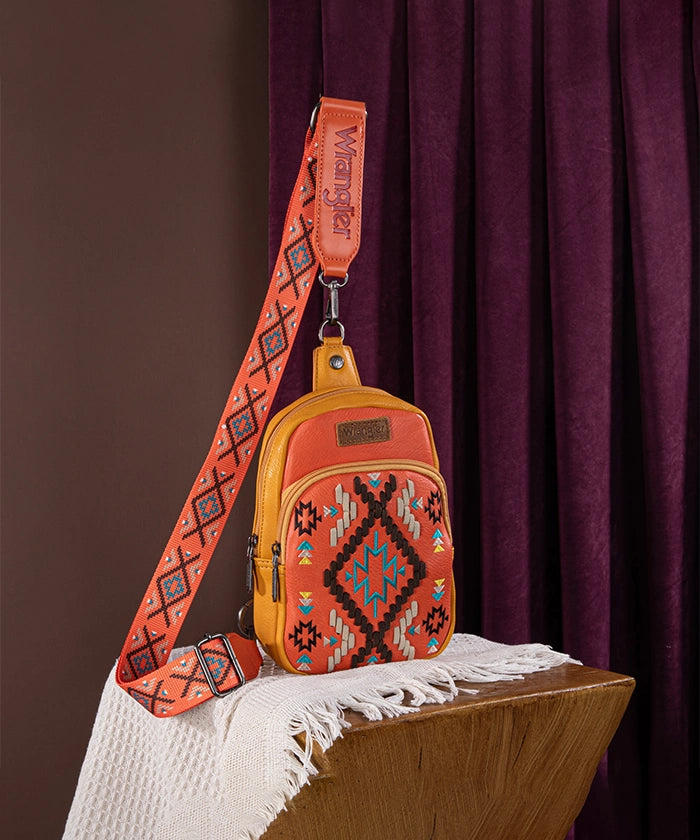 Wrangler Aztec Embroidered Whipstitch Sling Bag - Stylish Crossbody Purse for Women, Men | Perfect for Travel, Hiking & Everyday Use