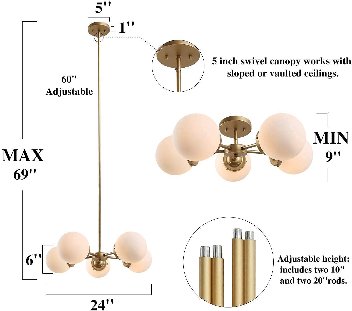 Modern Gold Chandelier Lighting Fixture - 5-Light Globe Design with Frosted Glass Shades for Dining Room, Bedroom, Foyer & Kitchen | Elegant Ceiling Light for Home Decor & Interior Design
