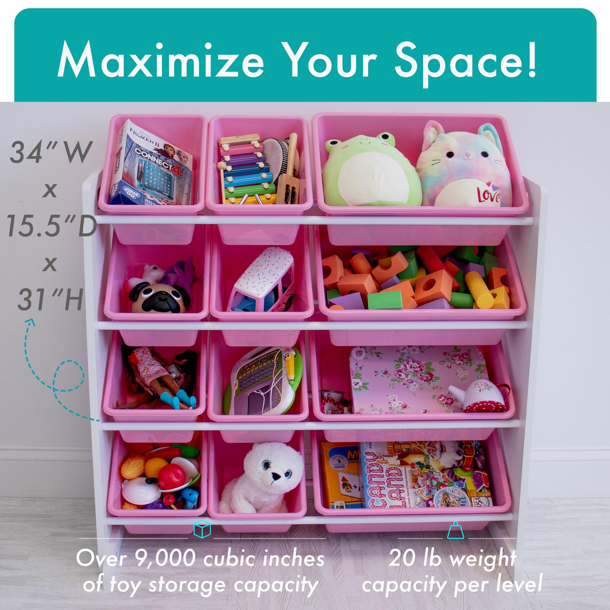 Humble Crew 12-Bin Toy Storage Organizer in White & Pink - Perfect for Kids' Room, Playroom, and Classroom Organization