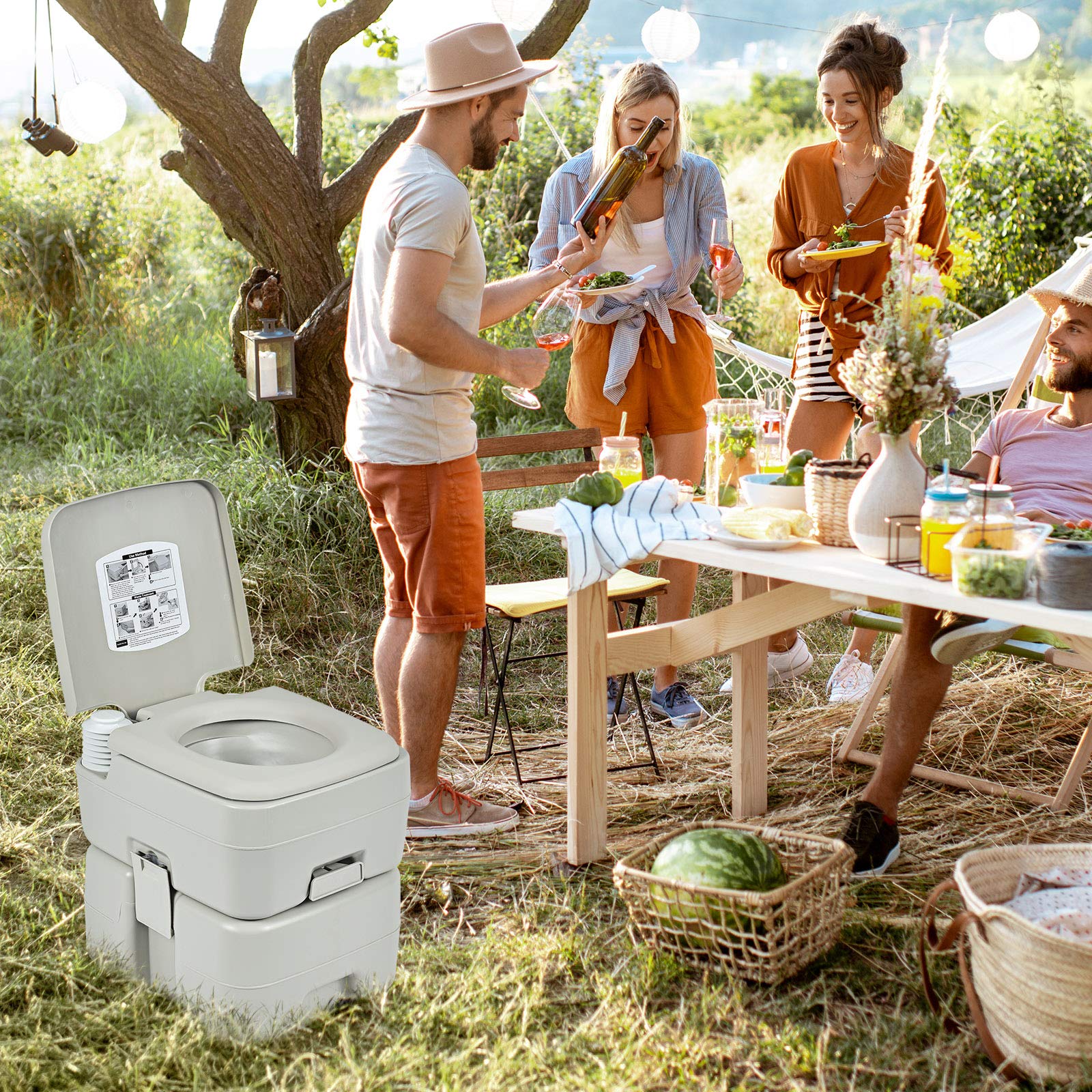 GYMAX Portable Toilet for Camping & RV Travel - 5.3 Gallon Leak-Proof Flushable Toilet with Waste Tank | Ideal for Outdoor, Boating, Hiking & Emergency Use