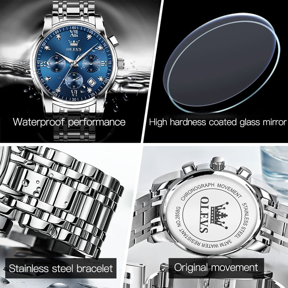 OLEVS Men's Multifunction Stainless Steel Watch - Waterproof Luminous Chronograph with Date Display, Classic Dress Watch for Business, Casual, Outdoor & Formal Occasions