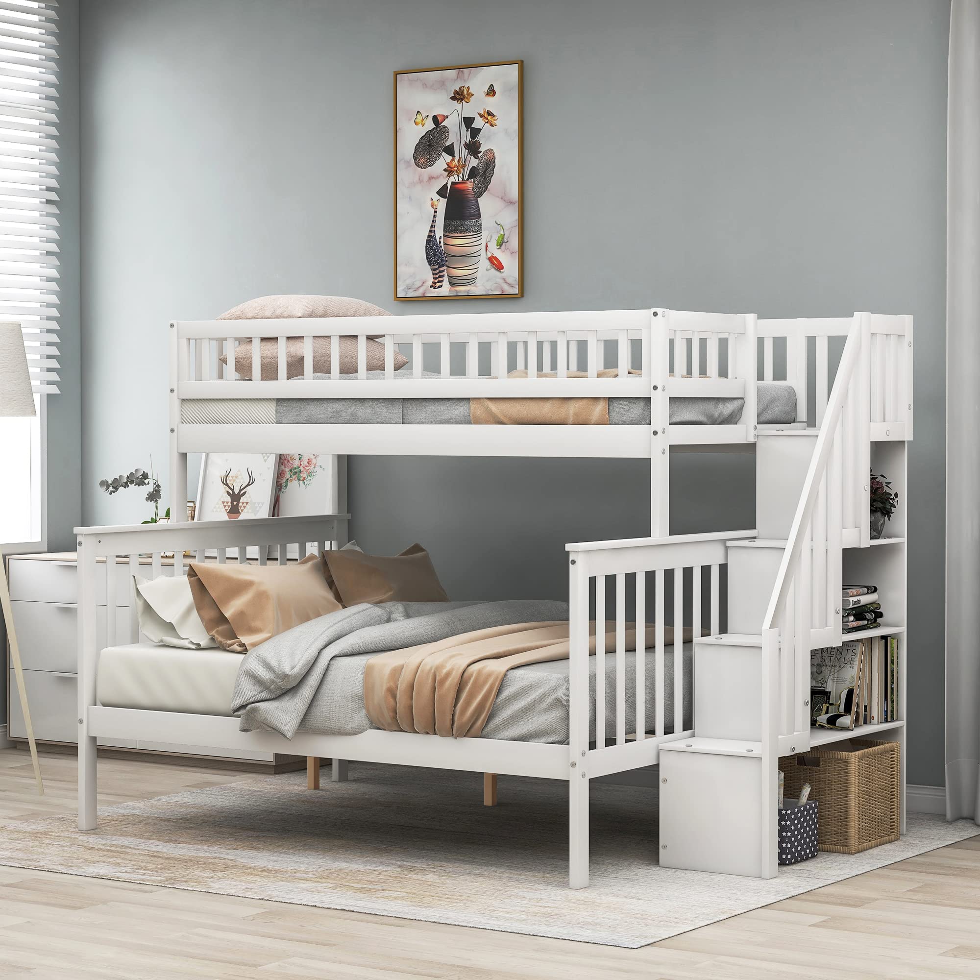 Twin Over Full Bunk Bed with Stairs - Solid Wood Stairway Bunk Bed with Storage & Guard Rail for Kids, Teens & Adults - White - Perfect for Small Bedrooms, Guest Rooms & Vacation Homes