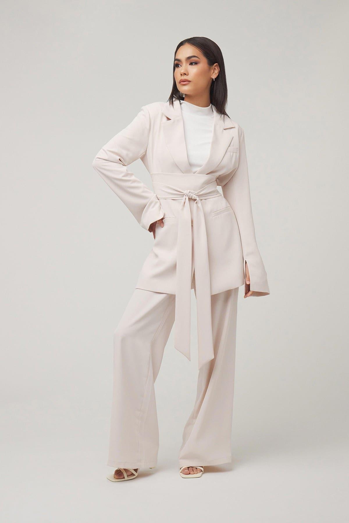 Carolina Tie Waist Blazer for Women - Elegant Fog Gray Office Jacket with Belt Detail | Perfect for Business Meetings, Workwear & Professional Outfits