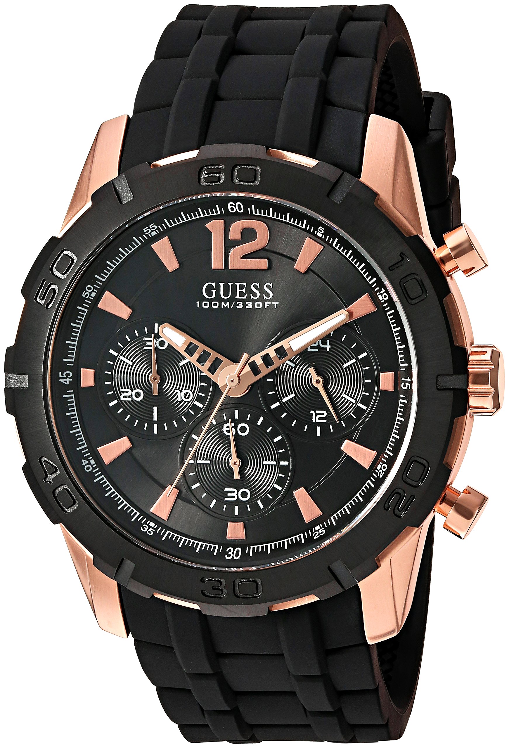 GUESS Men's Sporty Rose Gold Stainless Steel Chronograph Watch with Silicone Strap - Waterproof Multifunction Wristwatch for Running, Gym & Casual Wear