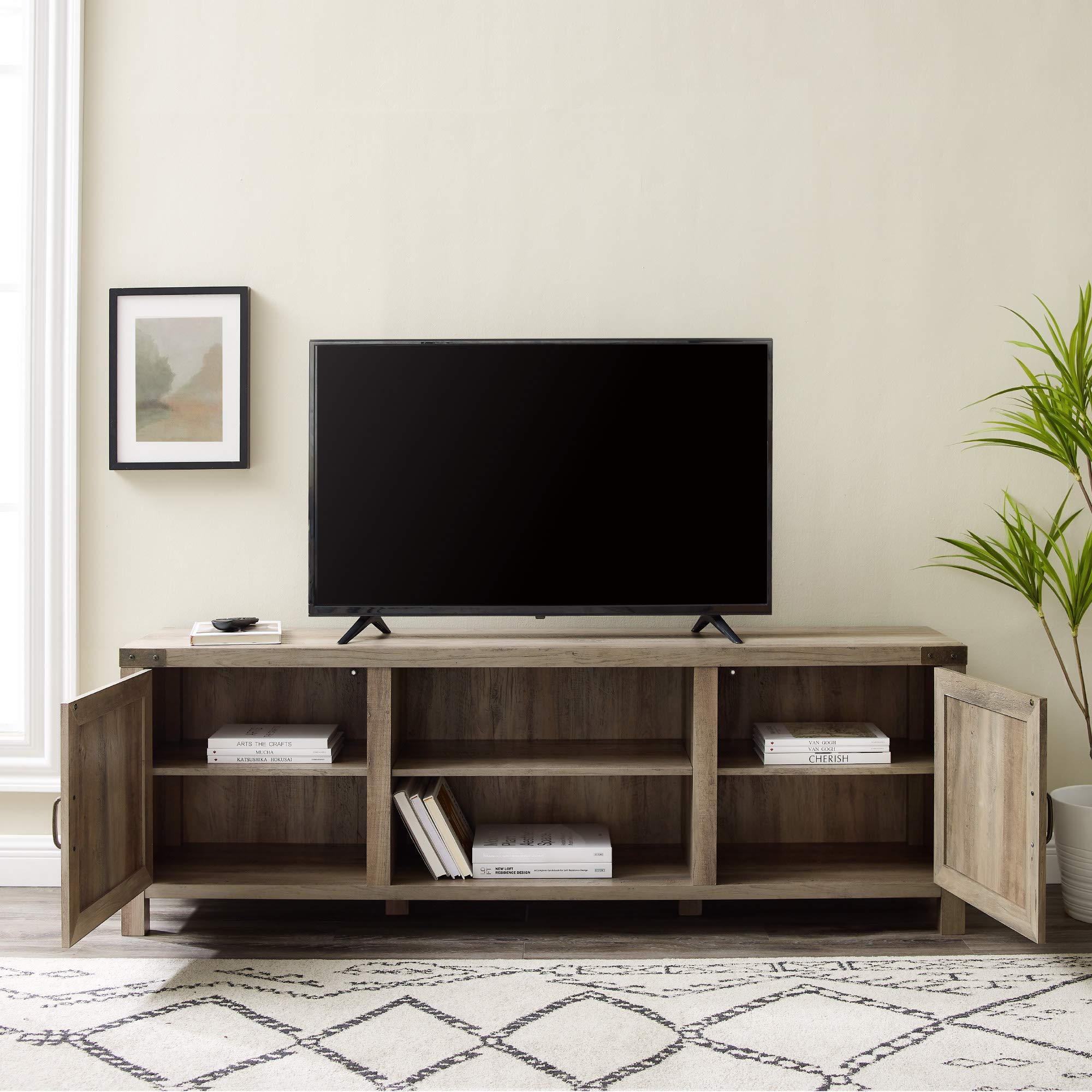 Walker Edison Georgetown Modern Farmhouse Double Barn Door TV Stand for 70-80 Inch TVs, Grey Wash - Perfect for Living Room, Home Theater & Farmhouse Style Decor