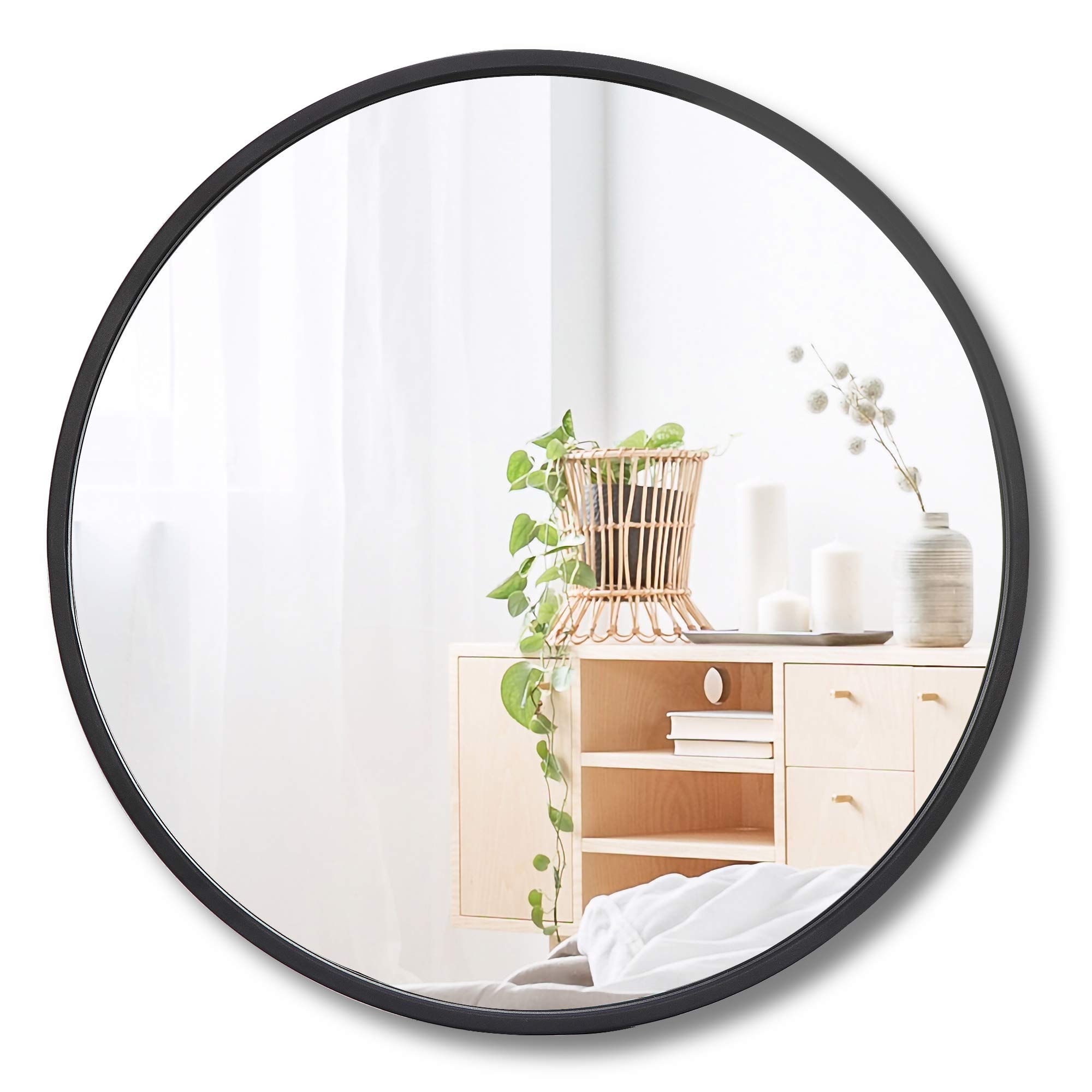 18 Inch Round Wall Mirror with Black Rubber Frame - Large Circle Vanity Mirror for Hallway, Entryway, Bedroom & Bathroom Decor | Perfect for Home, Office or Salon Use