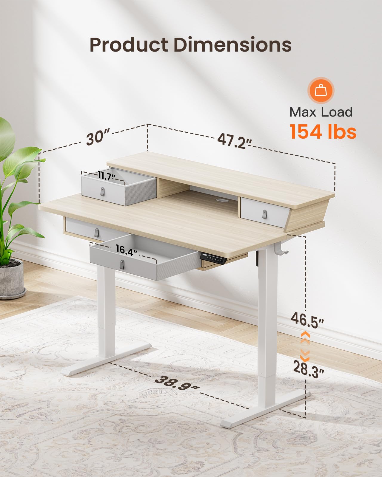 ErGear 48 x 30 Inches Electric Standing Desk with Drawers - Height Adjustable Sit Stand Desk with Storage, 4 Memory Presets & Cable Management Tray - Natural Wood Home Office Desk for Computer Work, Gaming & Study