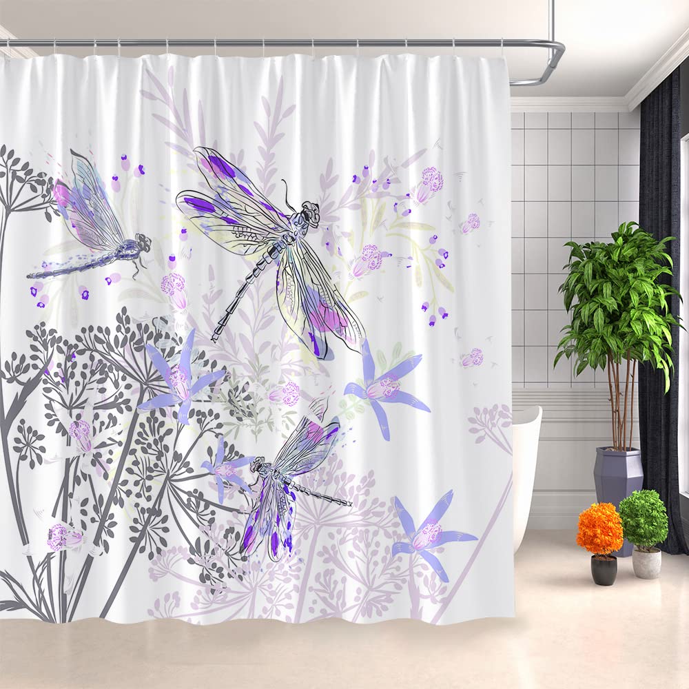 Watercolor Dragonfly Floral Shower Curtain - Spring Purple Flowers & Sage Botanical Design with Hooks, 60 x 70 Inches - Perfect for Bathroom Decor, Nature-Inspired Home Spa, and Vintage-Style Interior Design