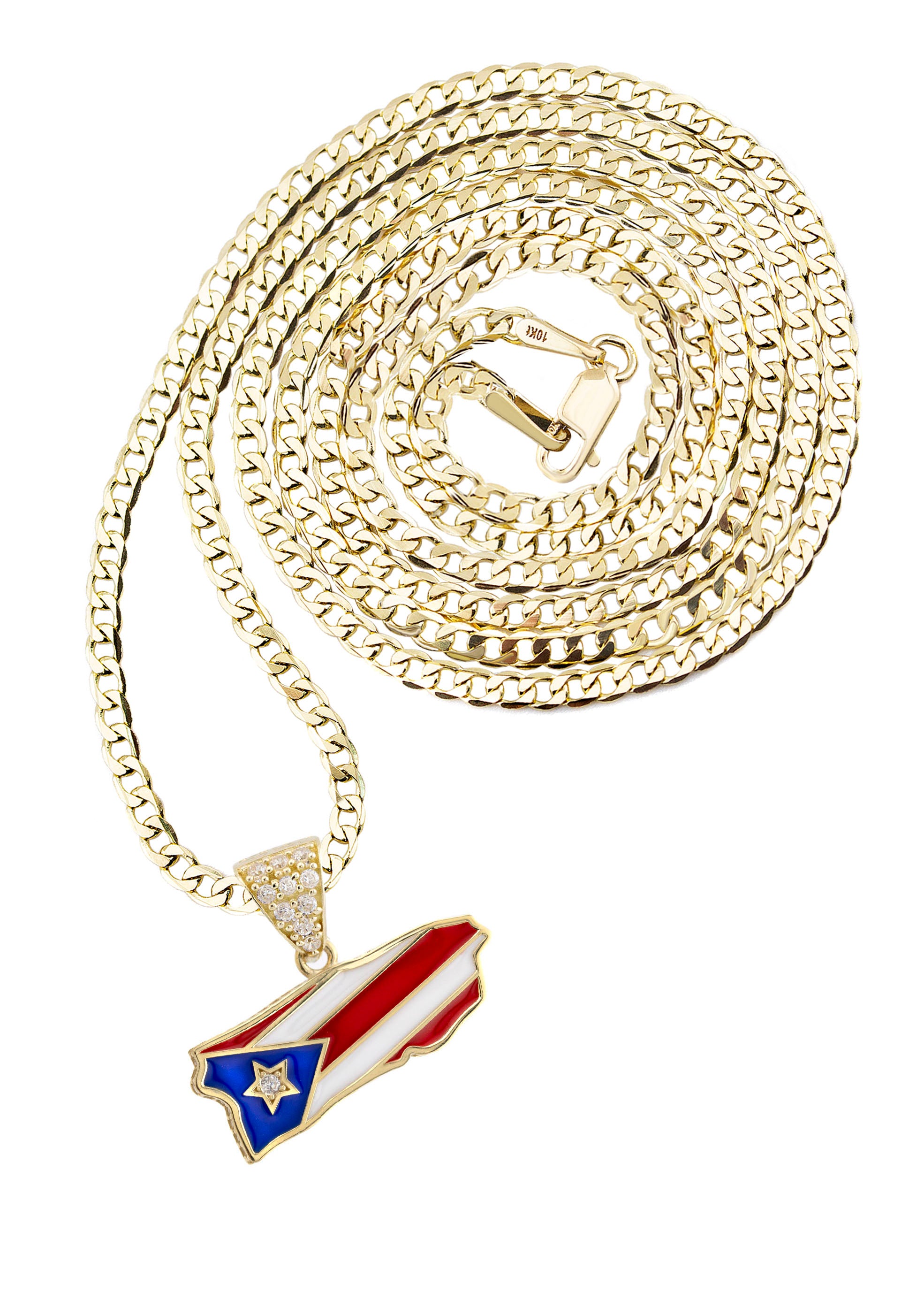 10K Yellow Gold Puerto Rico Flag Pendant Necklace - 2.3 Inch Chain, 6.3 Grams | Perfect for Puerto Rican Pride, Gifts & Cultural Celebrations