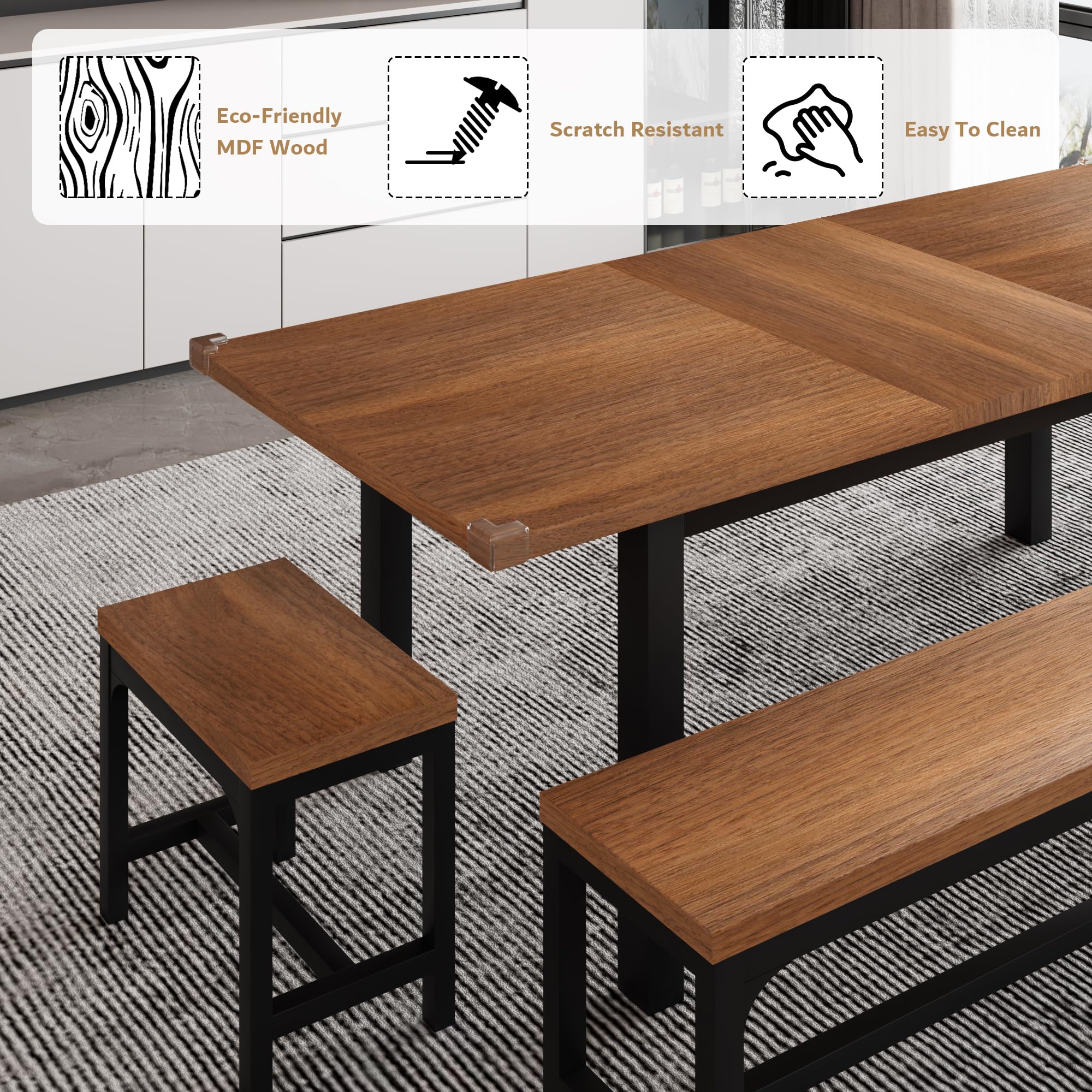 iPormis 5-Piece Extendable Dining Table Set with 2 Benches & 2 Stools - Mid-Century Modern Kitchen Table for 4-8 People, Space-Saving Walnut Design with Metal Frame & MDF Board - Perfect for Small Apartments, Breakfast Nooks and Family Gatherings