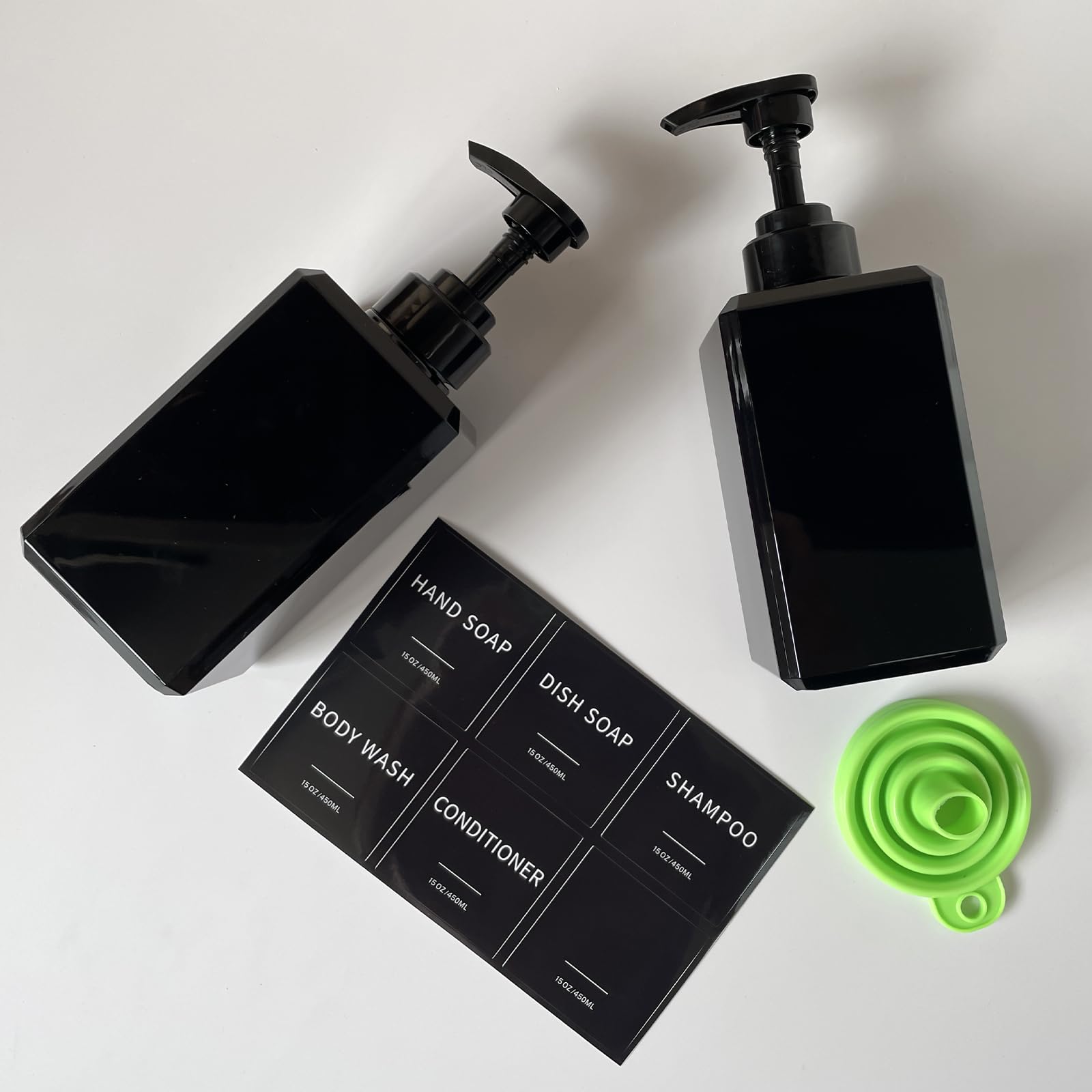 Black Soap Dispenser with Waterproof Labels - 15oz Thickened Plastic Hand Soap Dispenser for Bathroom, Kitchen, Dish Washing Liquid, Shampoo & Conditioner Bottles (2-Pack) - Perfect for Home, Office & Commercial Use