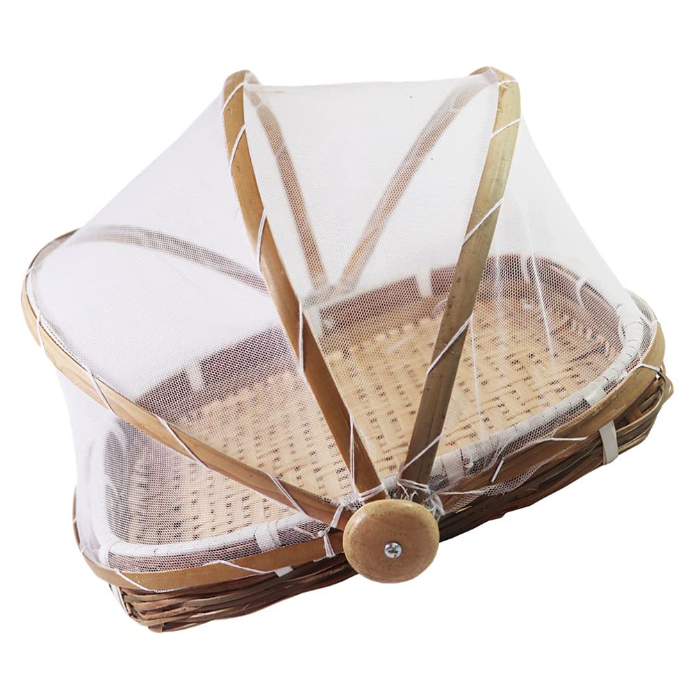 Handwoven Bamboo Food Serving Tent Basket - Bug-Proof Mosquito Net for Fruits, Vegetables & Meals | Perfect for Picnics, Camping & Outdoor Dining