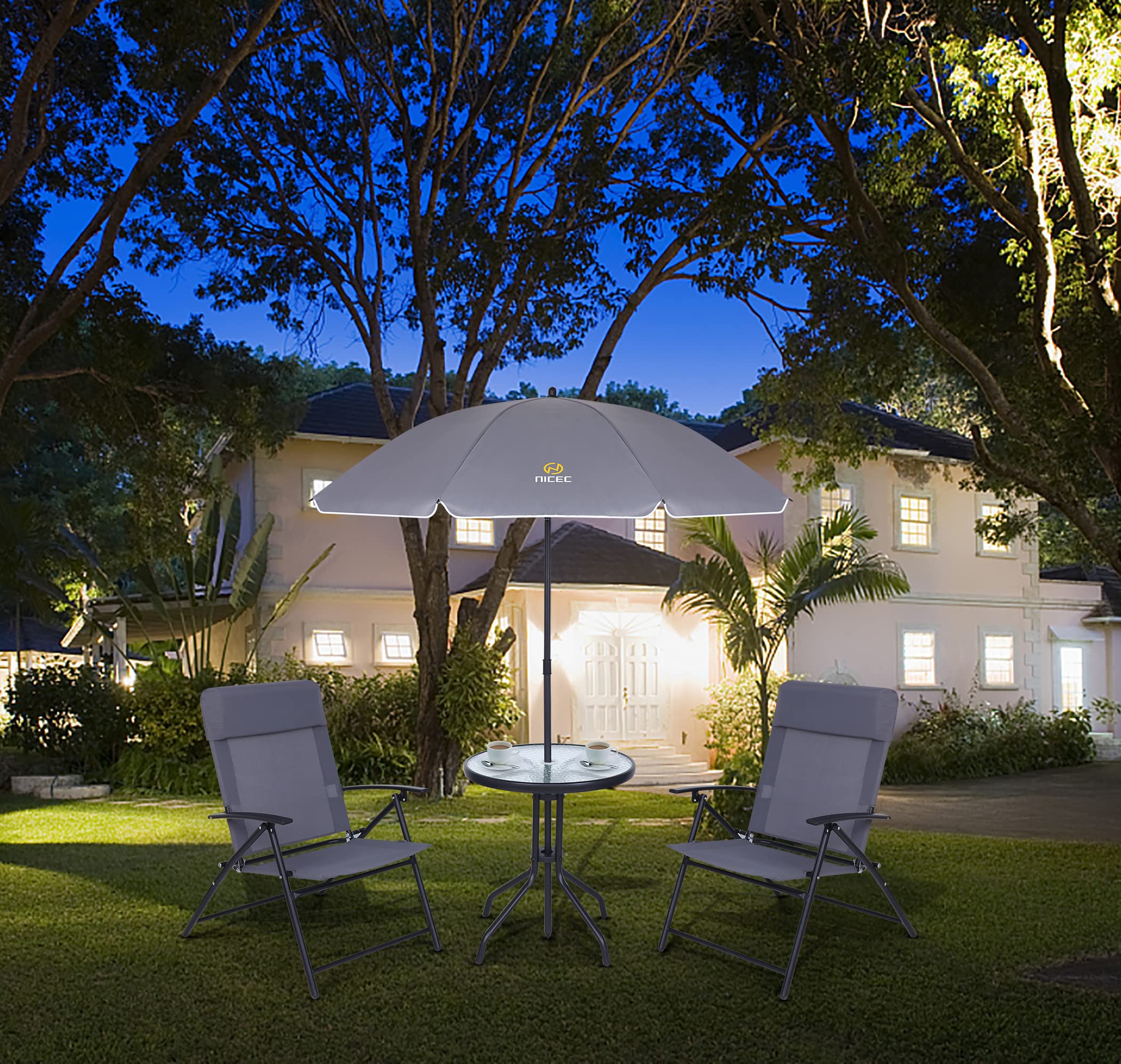 Premium 4-Piece Outdoor Patio Dining Set with Umbrella - Grey Glass Table & 2 Folding Chairs - Perfect for Garden, Backyard, Poolside & Balcony Relaxation