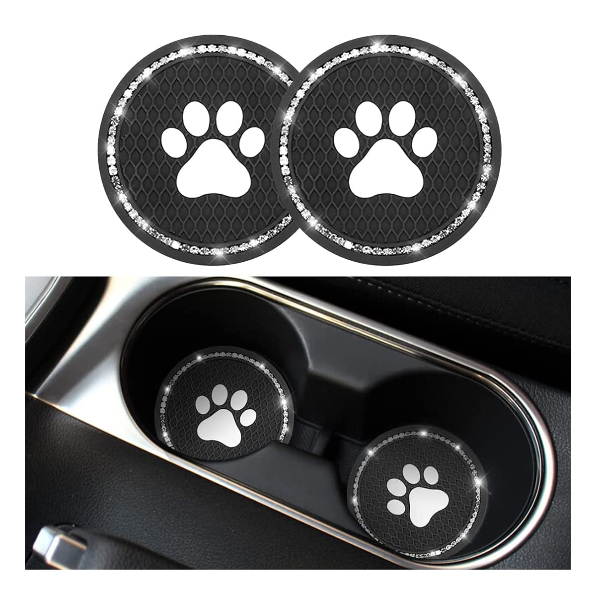 2PCS Universal Bling Car Cup Coaster Set - Rhinestone Car Accessories with 2.75 Inch Dog Paw Design - Non-Slip Cup Holder Insert Mat Pad for Most Vehicles (Black/White) - Perfect for Coffee, Drinks & Car Interior Protection
