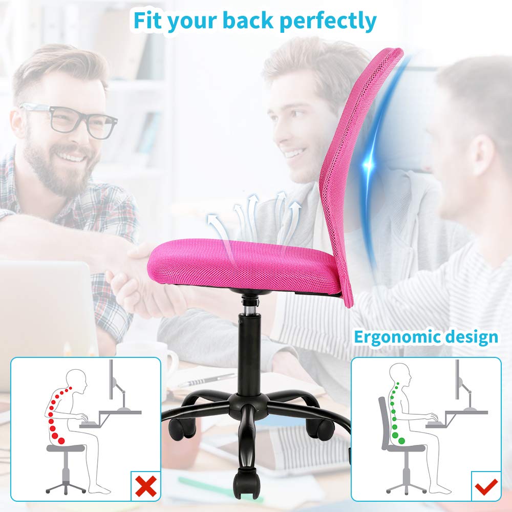Ergonomic Mesh Office Chair - Adjustable Height Mid Back Computer Desk Chair with Swivel & Rolling Wheels, No Armrest Modern Task Chair for Home Office (Pink) - Perfect for Long Work Hours & Remote Workspaces