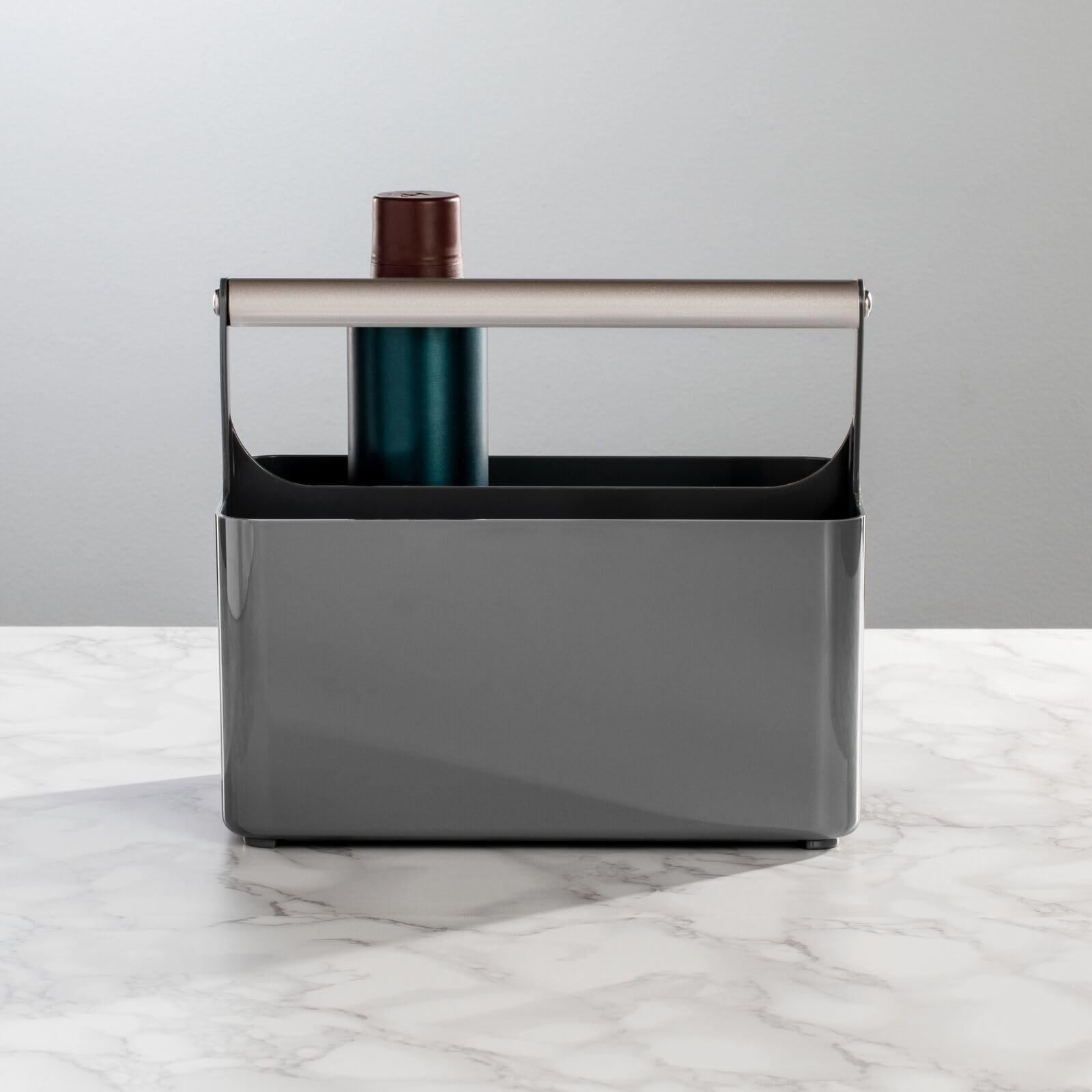 mDesign Plastic Shower Caddy Organizer with Metal Handle - Bathroom Storage Basket for Soap, Shampoo & Conditioner - Dorm & Kitchen Utility Tote - Aura Collection in Dark Gray/Matte Satin - Perfect for Small Space Organization & Bath Essentials Storage