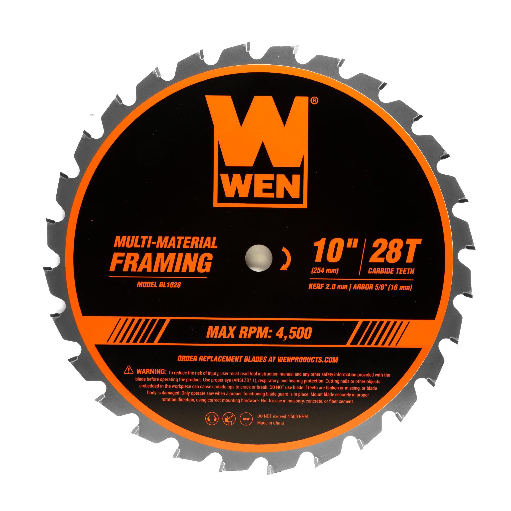 WEN BL1028 10-Inch 28-Tooth Carbide-Tipped Professional Multi-Material Framing Saw Blade - Perfect for Woodworking, Construction & DIY Projects