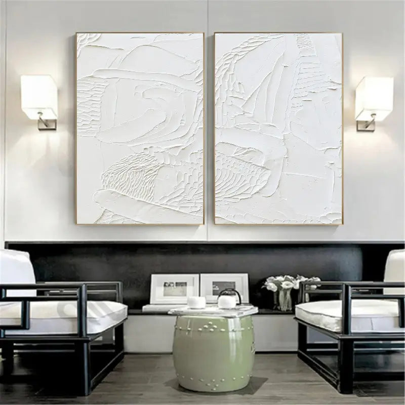 Minimalist White Textured Canvas Paintings - Set of 2 Abstract Wall Art for Living Room & Bedroom Decor #MM045