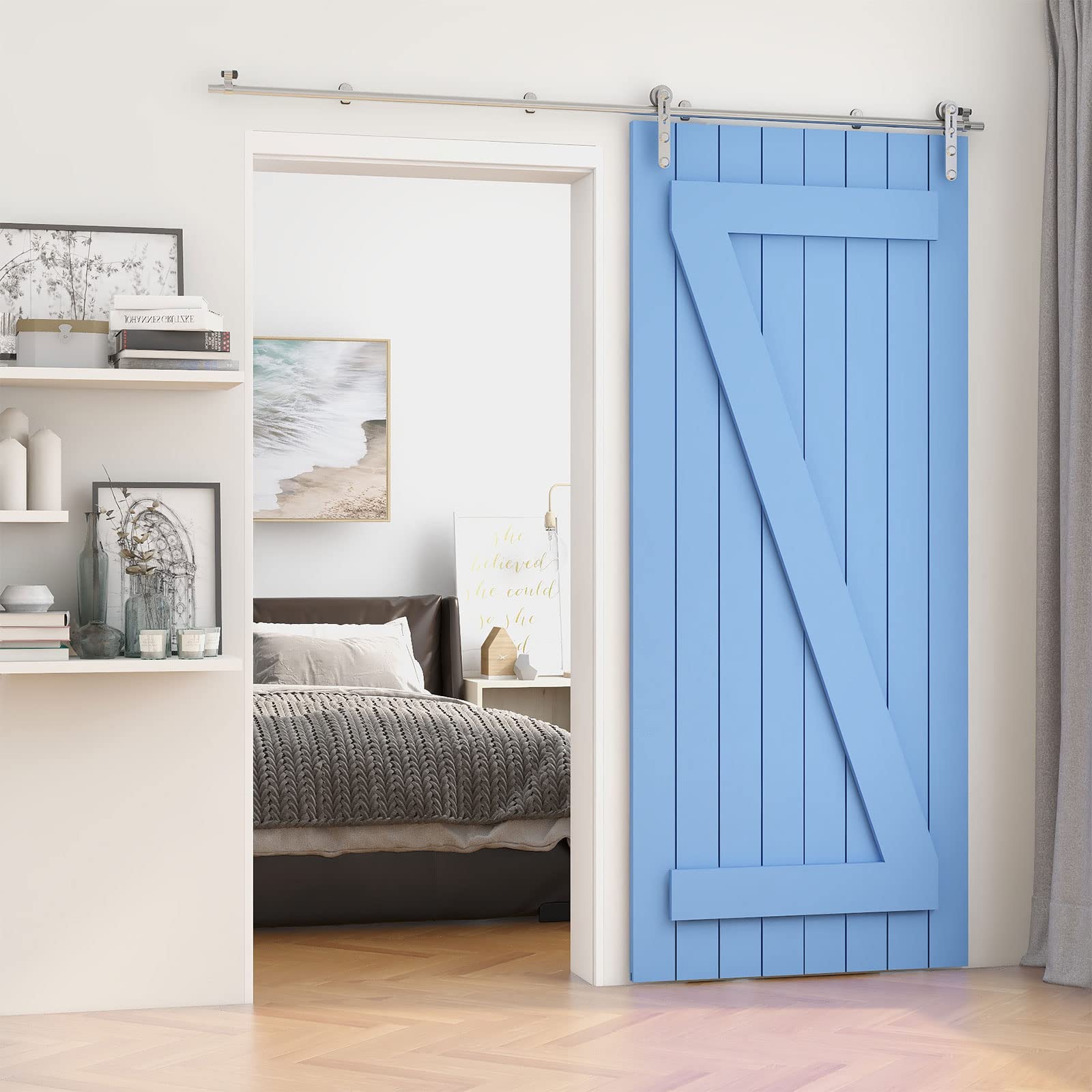 TSMST 5FT Heavy Duty Stainless Steel Sliding Barn Door Hardware Kit - Smooth & Quiet I-Shaped Track for Single Wood Door (Fits 30'' Wide Panel) - Perfect for Bedroom, Closet, or Farmhouse Style Interior Doors