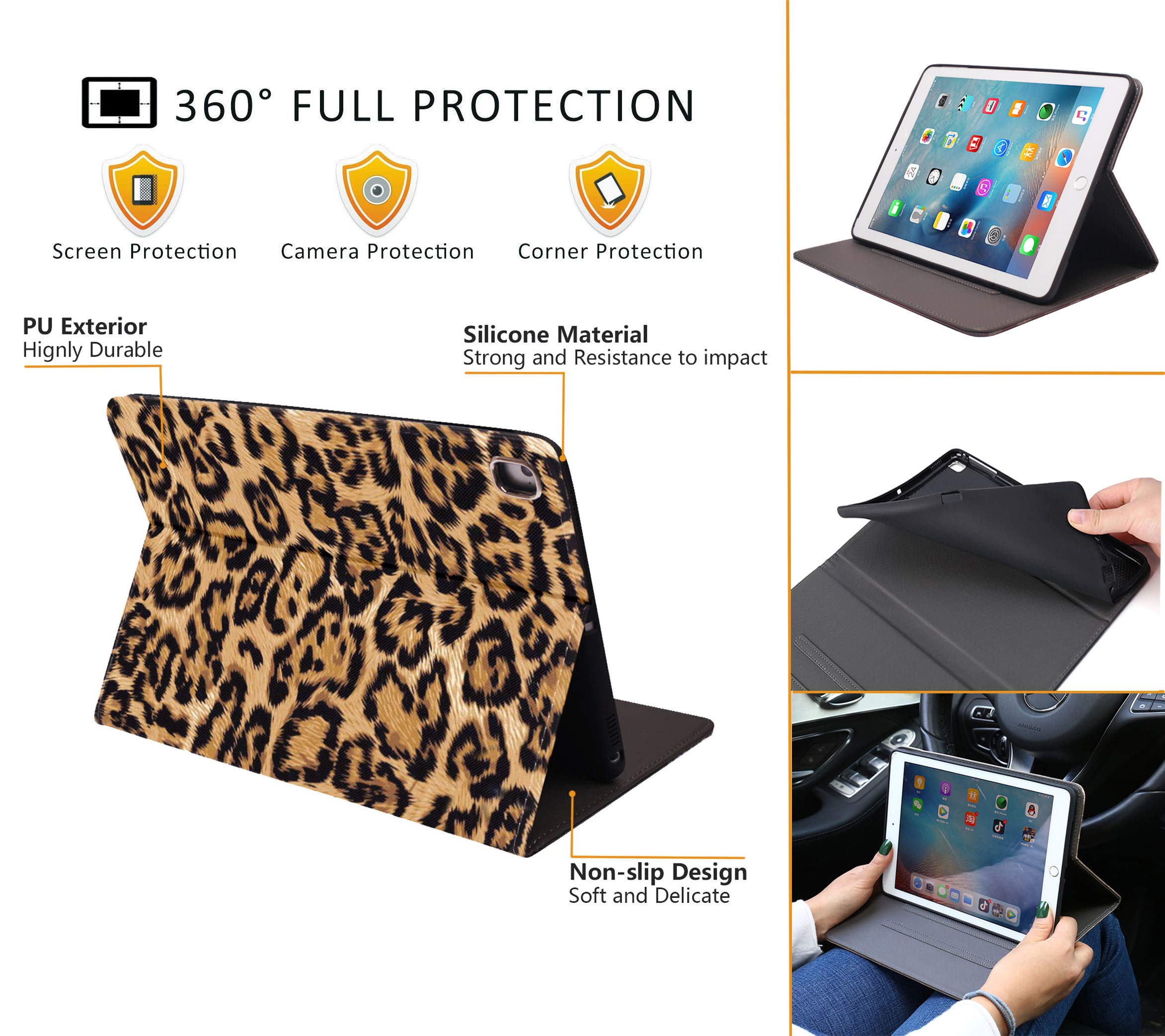 Premium Protective Case for iPad 9.7 (2017/2018), iPad Air 1/2, iPad 5th/6th Gen - Soft Rubber Back Cover with Auto Wake/Sleep & Adjustable Leather Stand (Leopard Print) - Perfect for Work, Travel, and Home Use