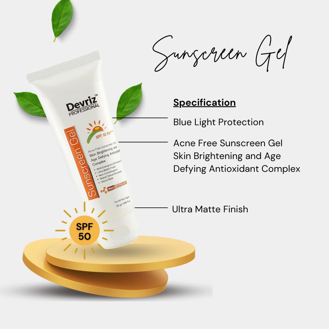 Devriz SPF 50 Sunscreen Gel with Vitamin E - Brightens Skin, Prevents Acne & Provides UVA/UVB Protection for Men & Women | Daily Face & Body Sun Protection for Beach, Outdoor & Sports Activities