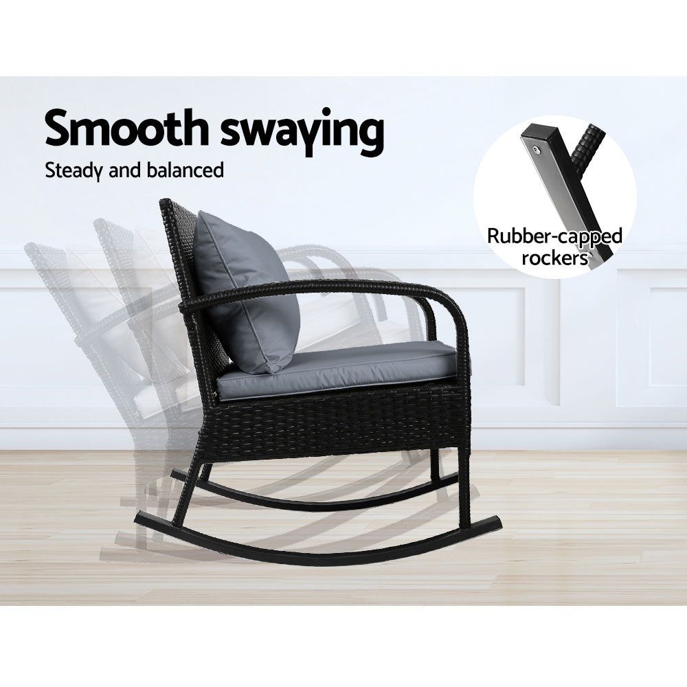 Gardeon 3-Piece Outdoor Rocking Chair Set - Black - Perfect for Patio, Garden, and Porch Relaxation