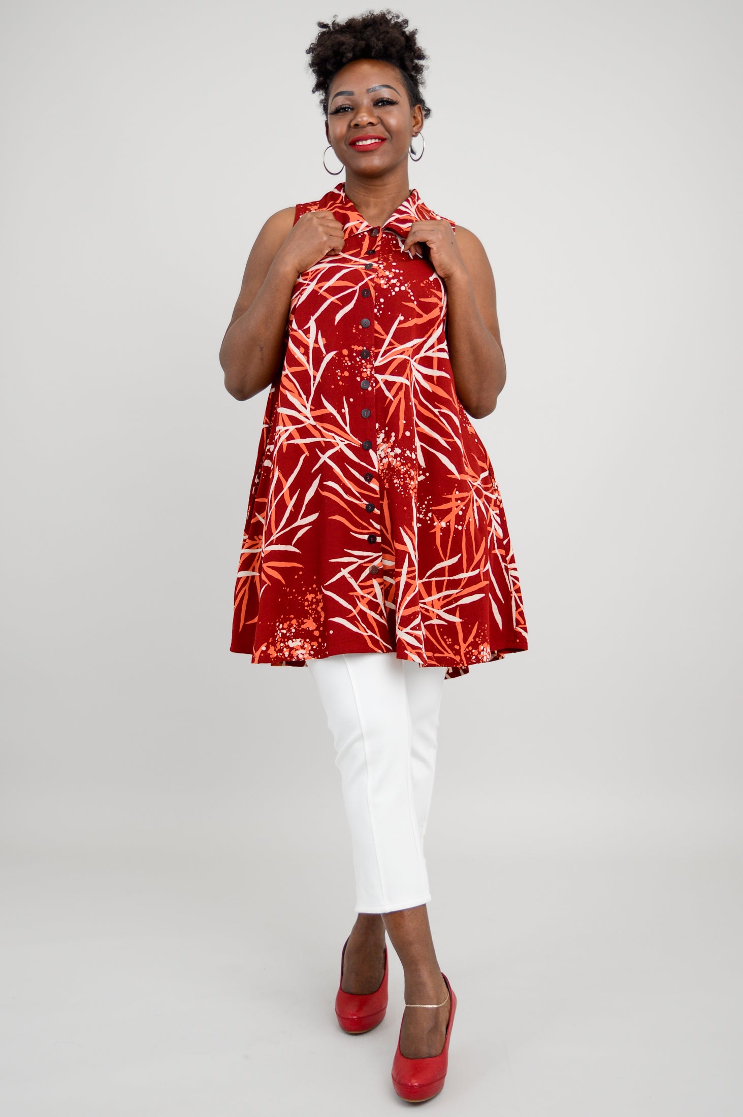 Cissy Tank Top - Women's Fashion Casual Blouse in Palm Burgundy for Summer Outfits and Beach Wear