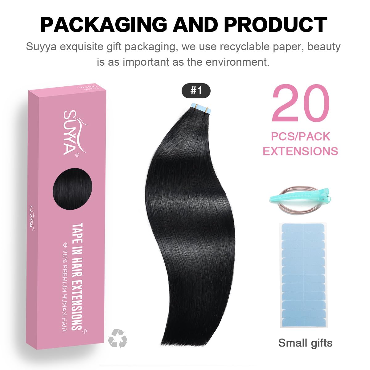 SUYYA 26 Inch Jet Black Human Hair Tape in Extensions - 60g/pack, 20pcs Straight Seamless Skin Weft for Natural Look | Perfect for Daily Wear, Parties & Special Occasions