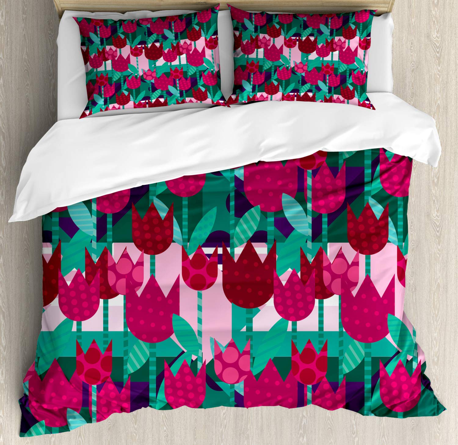 Ambesonne Floral Duvet Cover Set - Queen Size 2-Pack with 2 Duvet Covers & 4 Pillowcases | Abstract Tulip Flower Design on Geometric Polka Dot Background in Jade Green & Red | Perfect for Modern Bedroom Decor, Guest Room Styling & Cozy Home Makeover