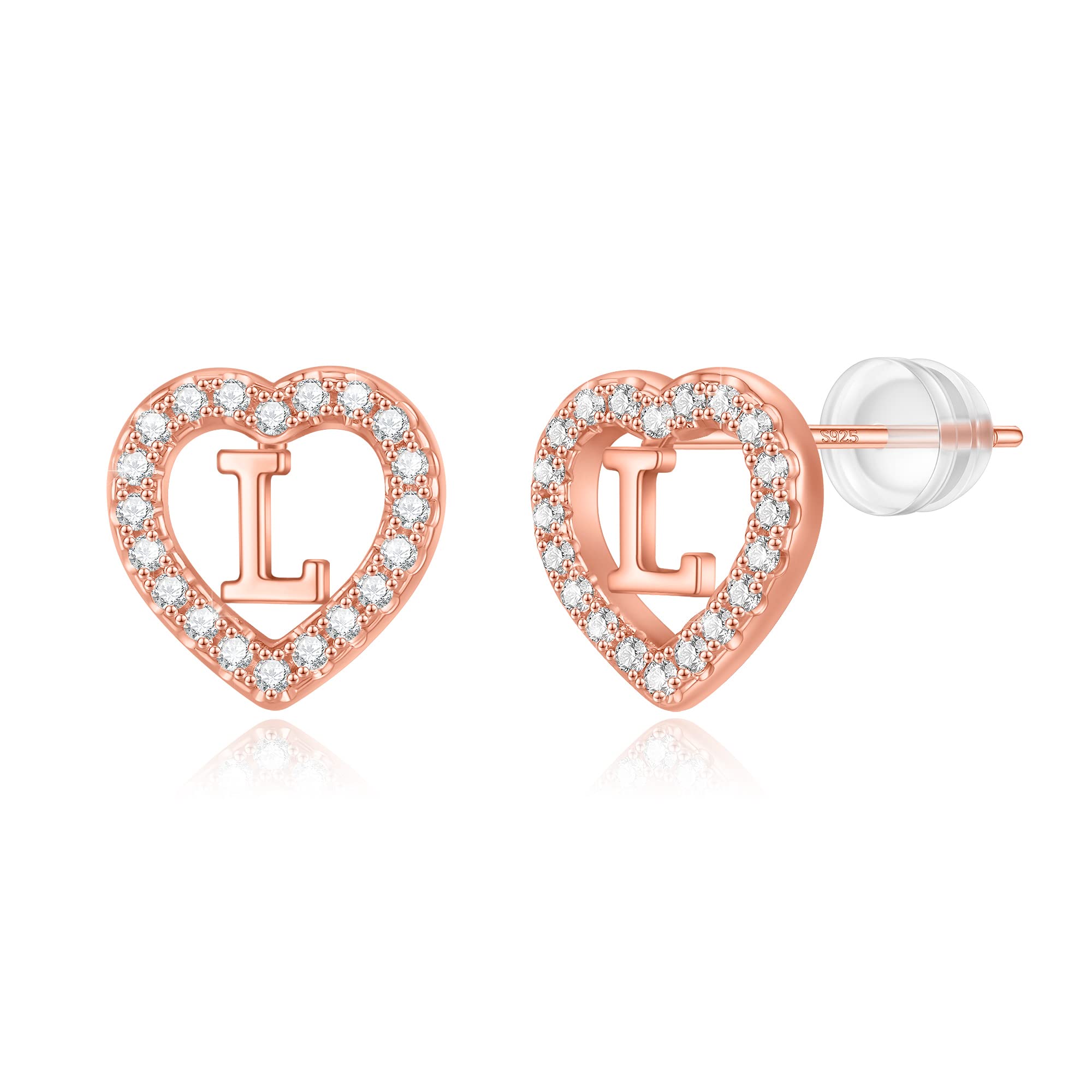 Personalized Initial Heart Earrings for Girls - Sterling Silver & Rose Gold Stud Earrings for Kids, Teens & Babies | Hypoallergenic, Tarnish-Free Jewelry | Perfect Birthday Gifts, First Communion, Christmas Presents & Everyday Wear