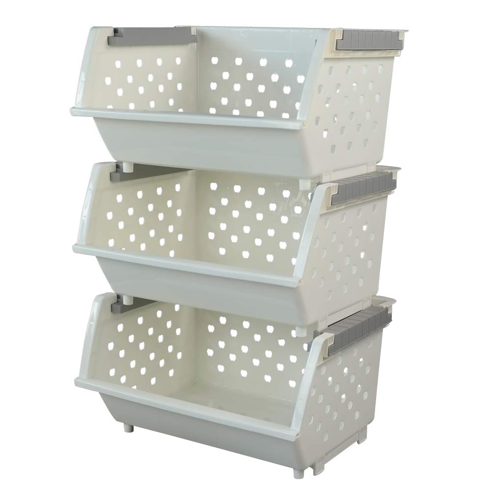 Fiaze 3-Pack White Plastic Stackable Kitchen Storage Baskets & Bins with Open Front - Perfect for Pantry Organization, Cabinet Storage, and Home Decluttering