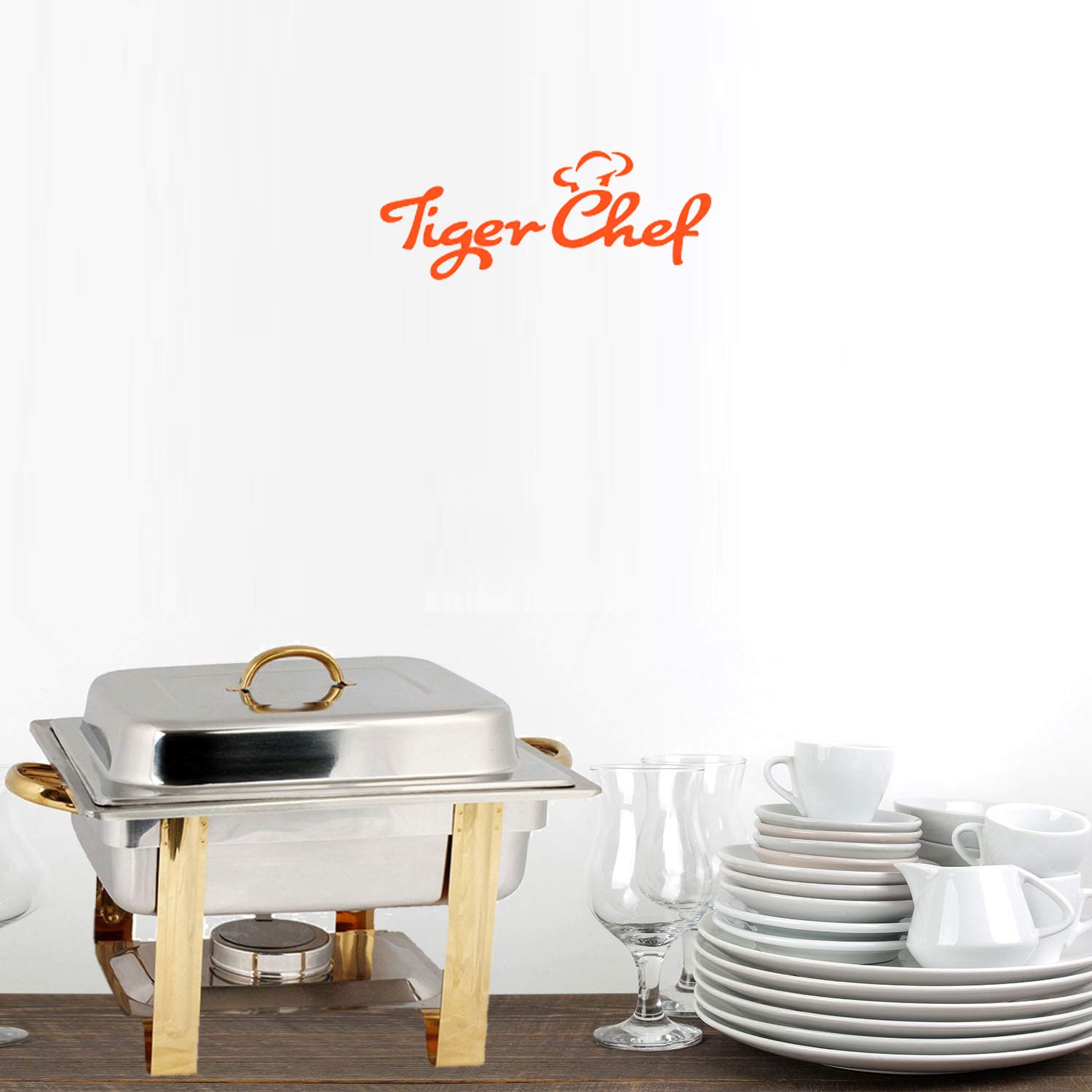 TigerChef 4 Quart Half Size Stainless Steel Chafing Dish Buffet Set with Gold Accent - Includes 4 Free Chafing Fuel Gels - Perfect for Parties, Catering, Buffet Serving & Keeping Food Warm
