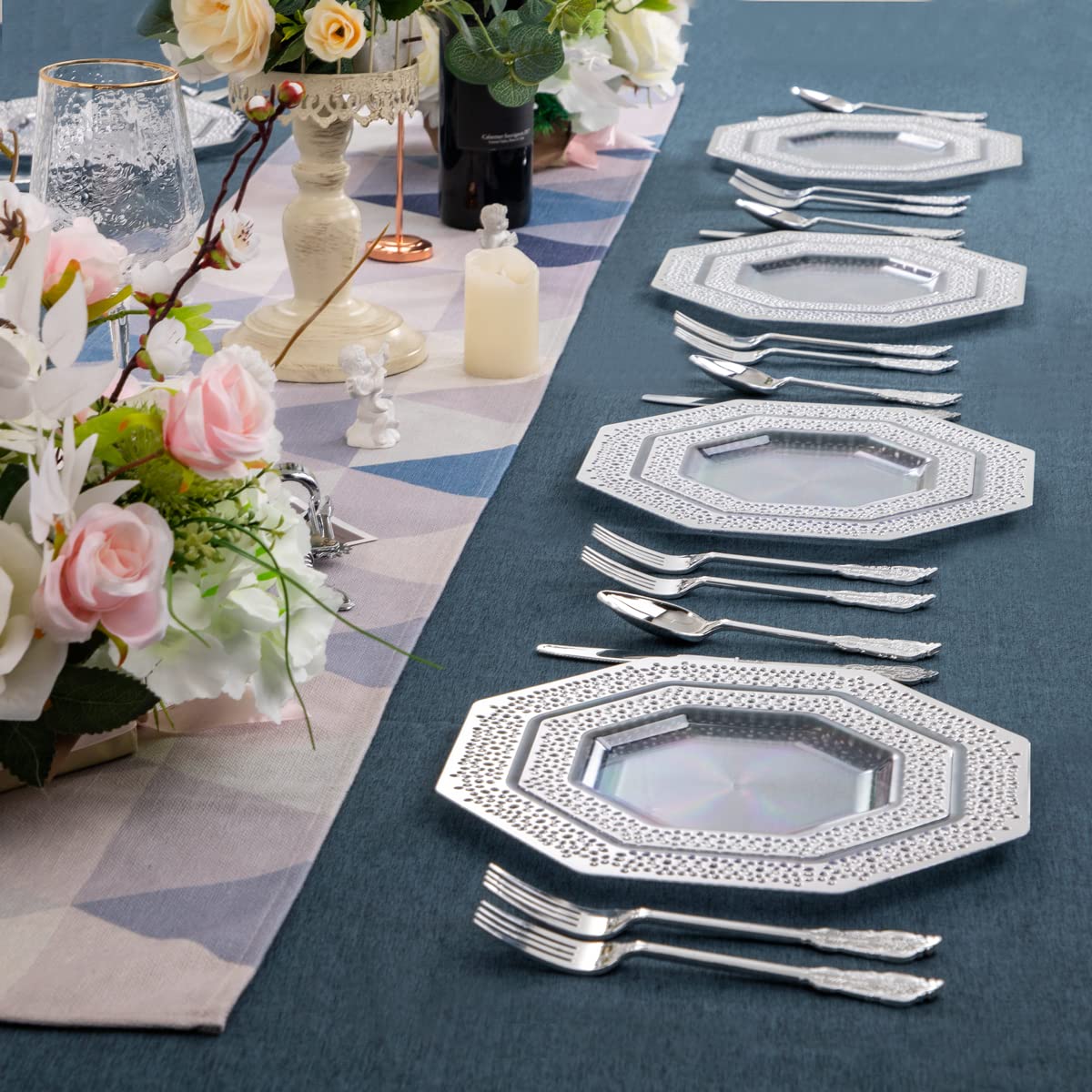 DaYammi 150-Piece Disposable Silver Plastic Dinnerware Set - 30 Dinner Plates, 30 Dessert Plates, 30 Forks, 30 Knives, 30 Spoons - Elegant Plastic Cutlery for Wedding, Party, Banquet & Catering Events
