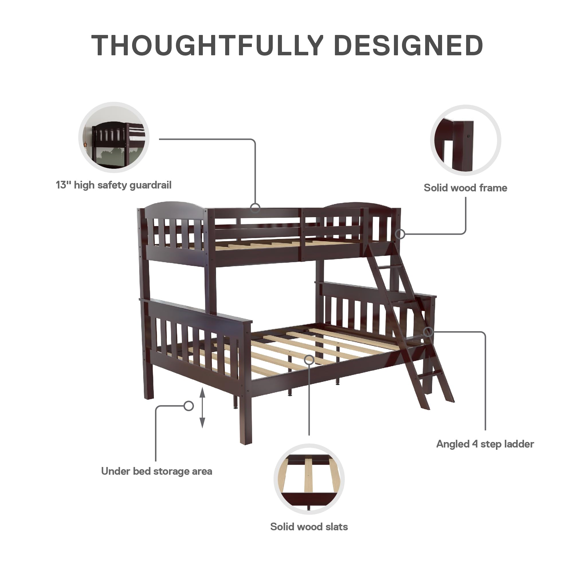 DHP Airlie Convertible Wood Bunk Bed for Kids & Teens - Twin Over Full Stackable Detachable Bed Frame with Angled Ladder & High Guardrail - No Box Spring Needed - Espresso Finish - Perfect for Small Bedrooms, Shared Kids Rooms & Sleepovers
