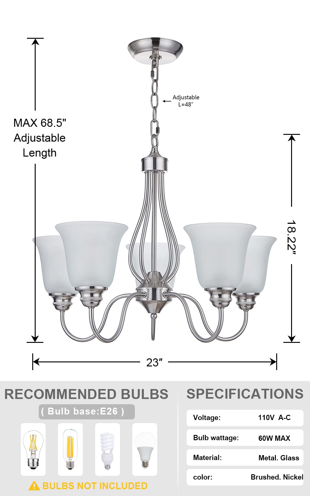 5-Light Brushed Nickel Chandelier - Classic Frosted Glass Ceiling Light Fixture for Dining Room, Living Room, Meeting Room & Corridor - LED Compatible (Bulbs Not Included) - Perfect for Home Decor, Wedding Venues & Restaurant Lighting