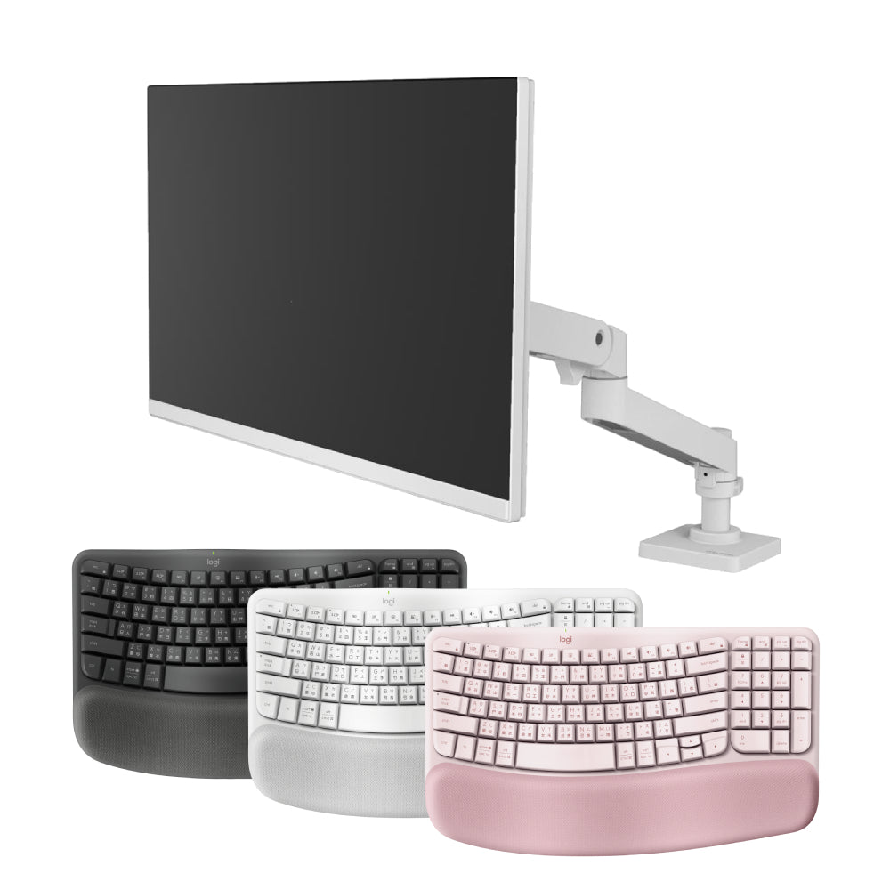 Logitech Wave Keys Ergonomic Keyboard + Ergotron LX Pro Single Monitor Arm Stand (Adjustable Height) - Perfect for Home Office & Gaming Setup