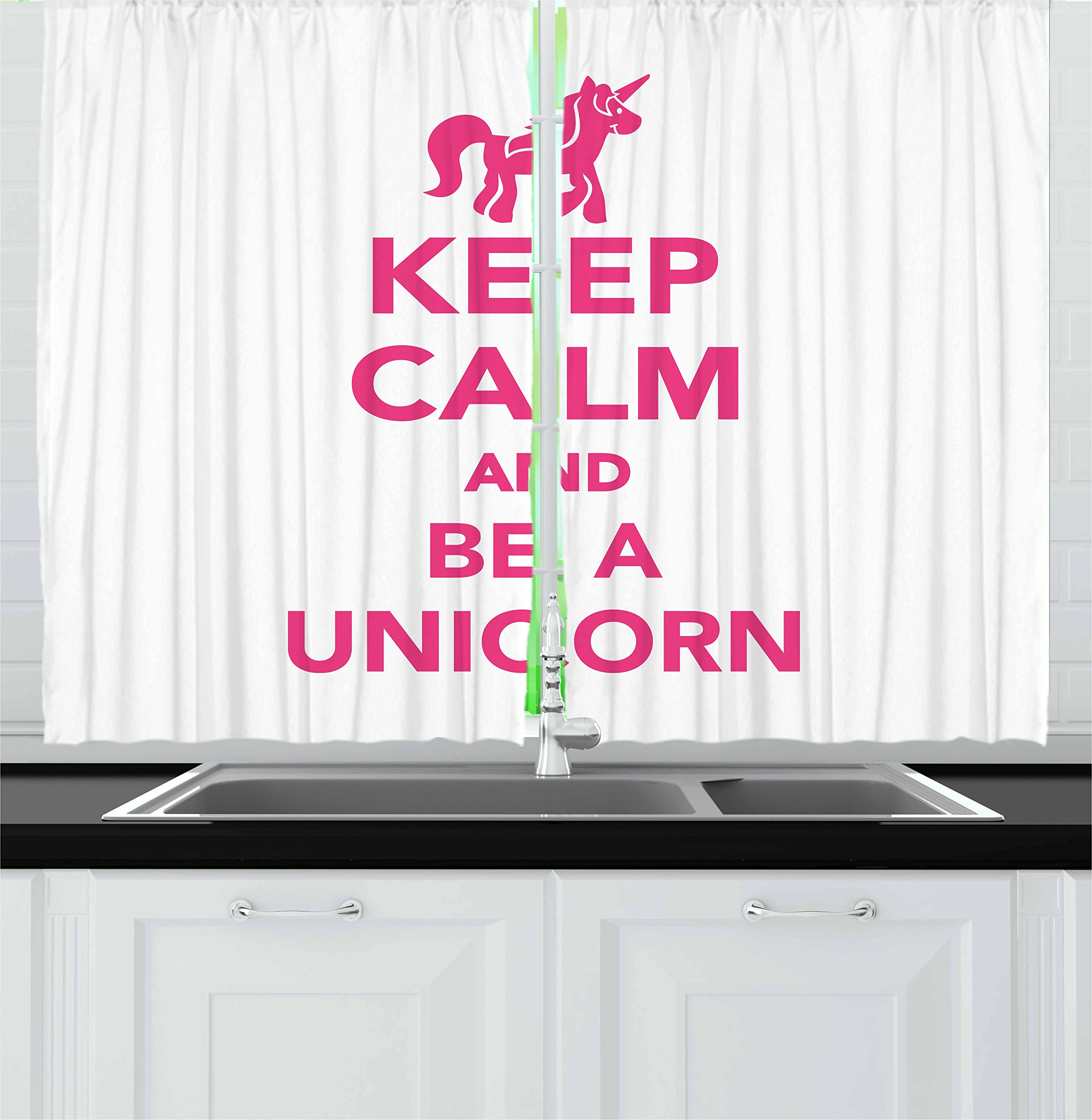 Ambesonne Keep Calm Kitchen Curtains - Unicorn Themed Window Drapes 2 Panel Set | Pink & White Mythological Pony Design | 55 x 39 Inch Cafe Decor for Kitchen, Dining Room & Bedroom