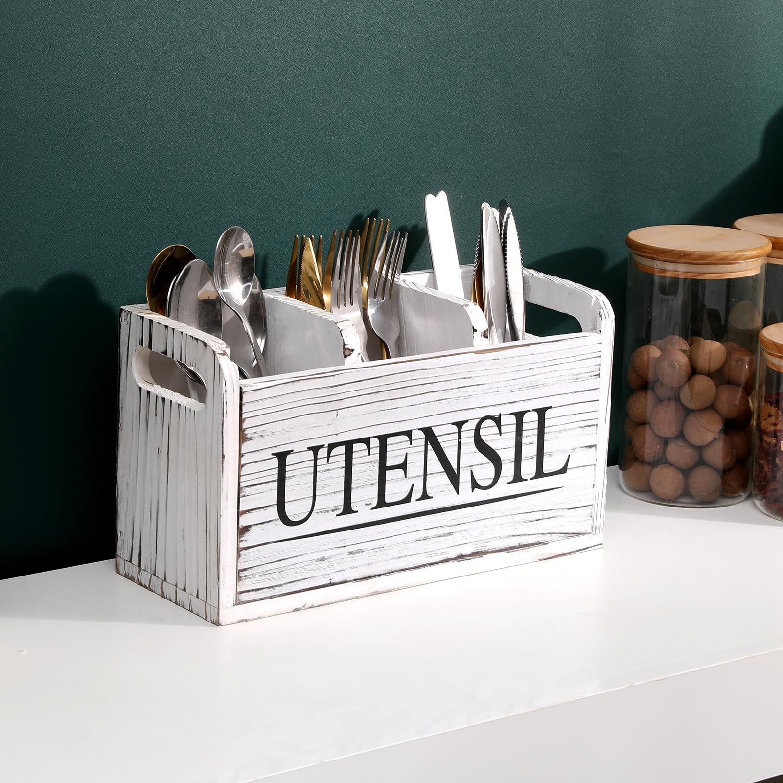 Farmhouse Style Wooden Kitchen Utensil Holder - 3 Compartment Countertop Organizer for Spoons, Forks & Cooking Tools (11.8