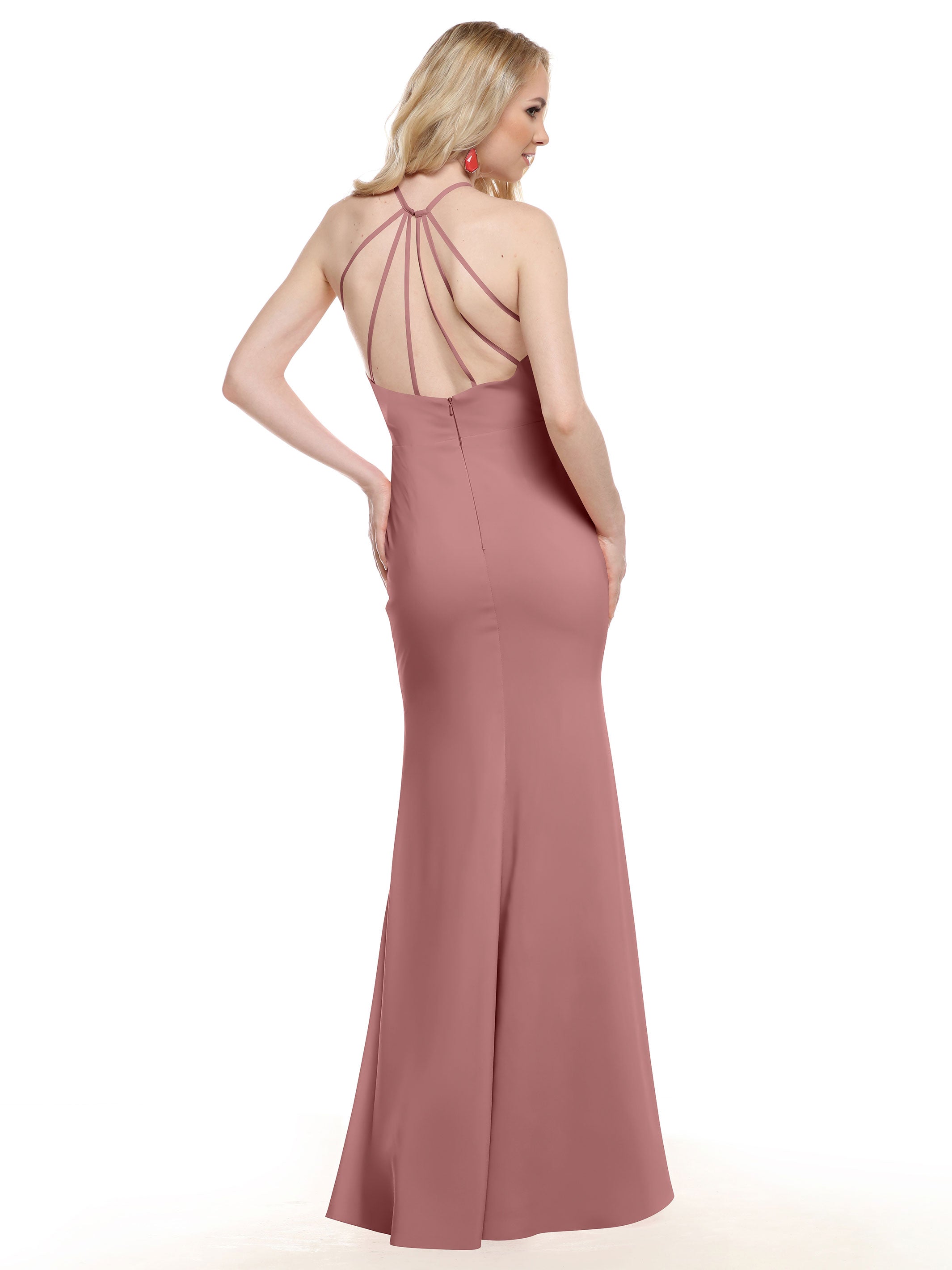 Elegant 83031 Fit and Flare Stretch Chiffon Bridesmaid Dress with Halter Neck & High Slit - Perfect for Weddings, Parties, and Formal Events
