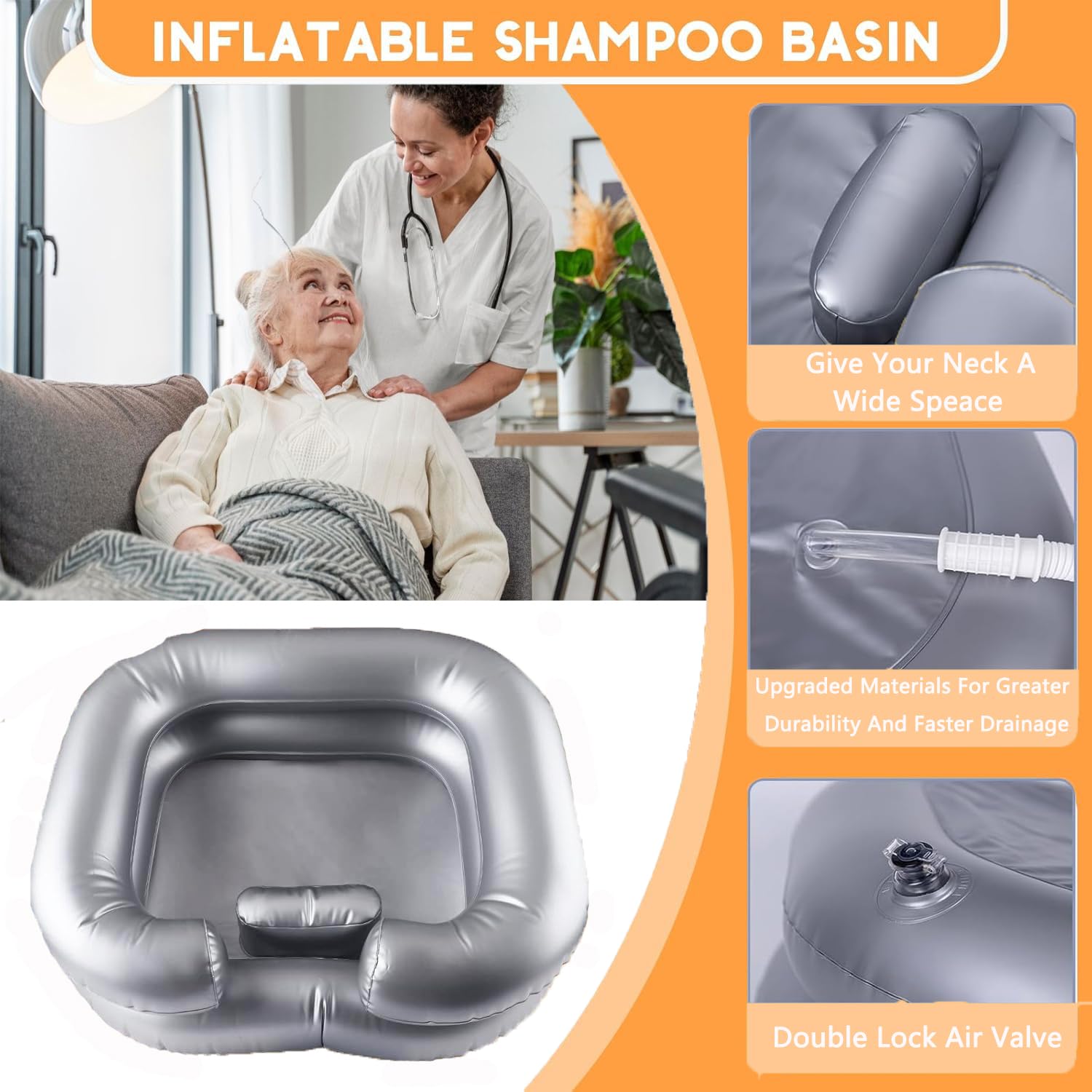 **Portable Inflatable Hair Washing Basin for Elderly, Bedridden & Handicapped - Shampoo Bowl for Pregnant Women & Kids - Home Use Sink Tray (Silver) - Perfect for Home Care, Travel & Salon Use**