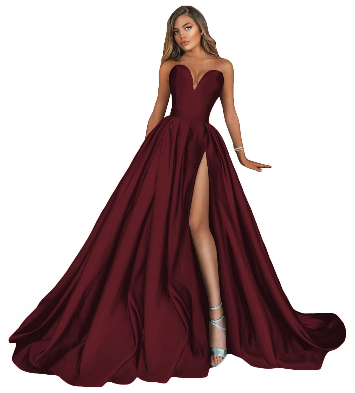 Xuzzy Women's Elegant Strapless Prom Dress - Satin Long Slit Evening Gown with Pockets for Formal Events, Homecoming, Ball & Special Occasions